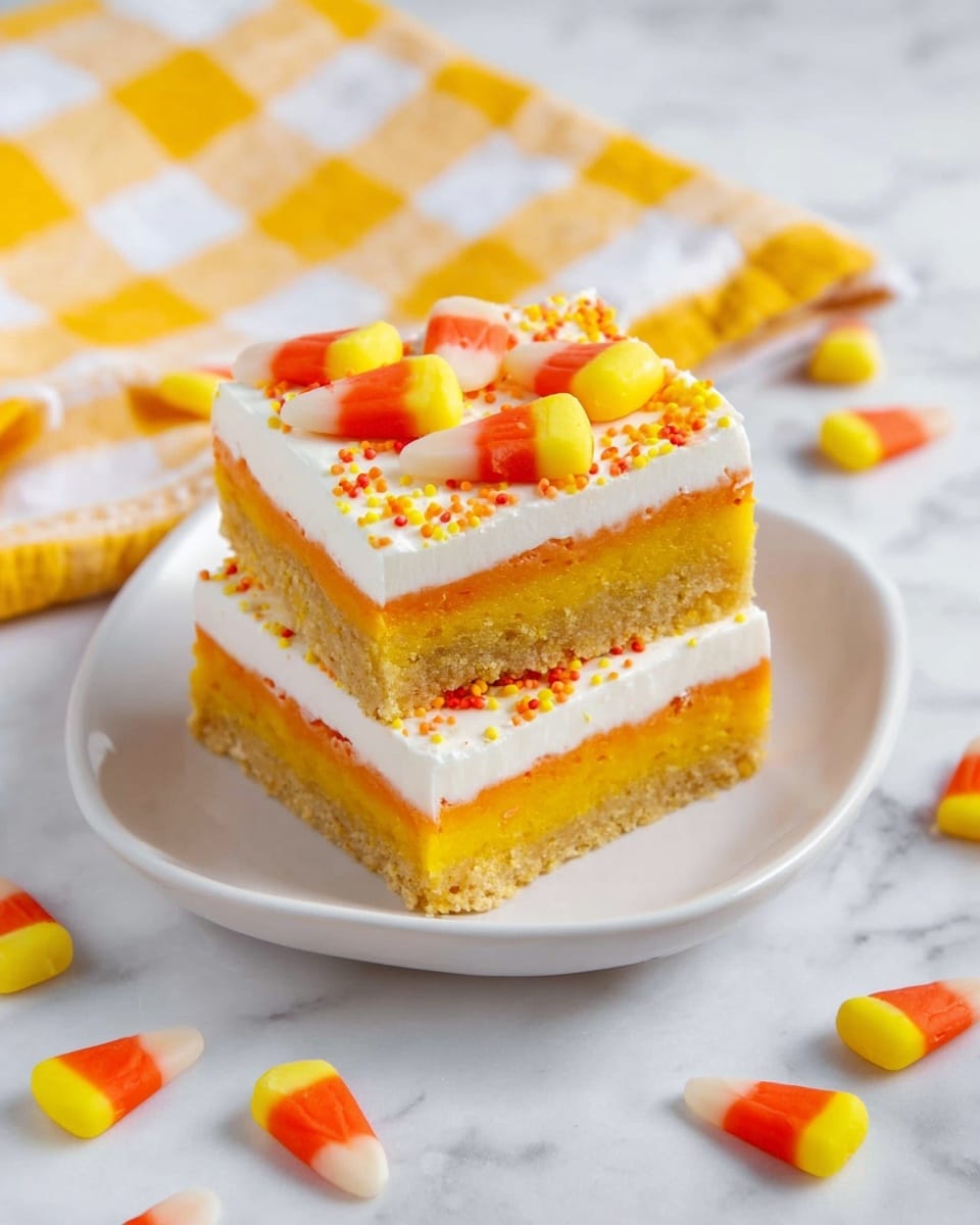 The image shows several square dessert bars arranged closely on a baking tray. Each bar has three visible layers: a thick, golden-yellow bottom layer with a slightly crumbly texture, a middle orange layer that looks moist and cake-like, and a smooth, white frosting layer on top. The white frosting is decorated with candy corn pieces placed irregularly, featuring bright yellow, orange, and white colors, and small round red and yellow sprinkles scattered around. The surface beneath the tray is a white marbled texture with soft lighting focusing on the dessert bars. Photo taken with an iphone --ar 4:5 --v 7