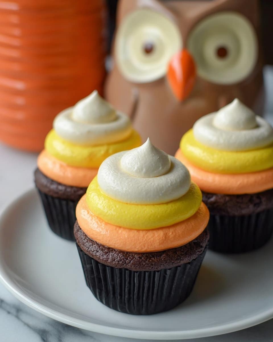 The image shows dark chocolate cupcakes on a white plate with a white marbled surface underneath. Each cupcake has three layers of frosting on top: the bottom layer is bright yellow, the middle layer is orange, and the top layer is a small dollop of white cream. One cupcake is cut in half, revealing dark chocolate cake on the outside and a creamy white and orange filling inside, matching the frosting colors. The texture of the cakes looks soft and moist, with the frosting smooth and slightly fluffy. Photo taken with an iphone --ar 4:5 --v 7