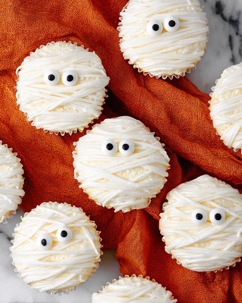 The image shows several round cupcakes arranged on an orange textured cloth on a white marbled surface, each decorated like a mummy. Each cupcake has a smooth white frosting base, covered with strips of white icing laid crosswise to mimic mummy bandages. On two of the cupcakes, two round black and white candy eyes peek out from the icing strips, placed near the center. The overall look is neat, with the white icing strips giving a layered, textured effect over the smooth frosting. photo taken with an iphone --ar 4:5 --v 7