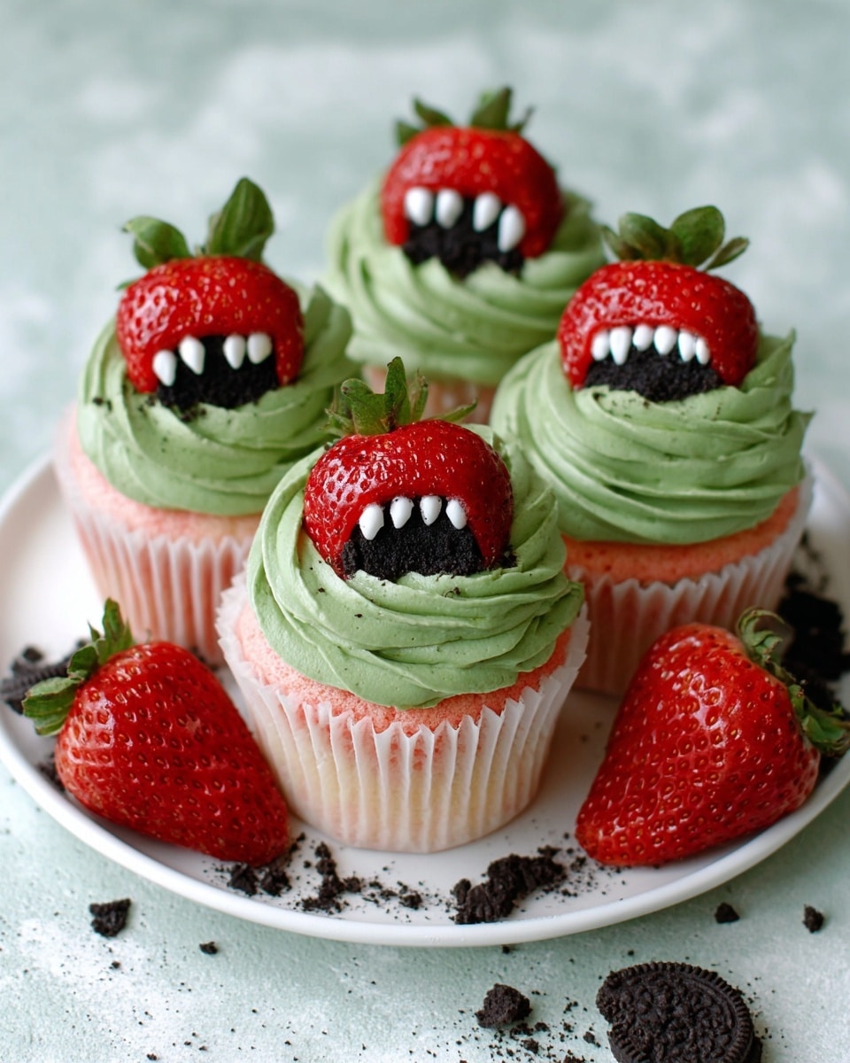 The image shows three cupcakes on a white plate with a white marbled textured surface underneath and around it. Each cupcake has a light pink cake base in a white paper cup, topped with a thick swirl of green frosting with a smooth but slightly ridged texture from the piping. On top of the frosting of each cupcake, there is a red strawberry that is sliced in half and hollowed in the center to look like a mouth with small white candy pieces resembling teeth inside and black filling as the inside of the mouth. Around the cupcakes on the plate, there are three more strawberry halves, each similarly decorated like a mouth with candy teeth inside. There are small dark crumbs or crushed cookies scattered around the cupcakes and strawberry halves on the plate. photo taken with an iphone --ar 4:5 --v 7