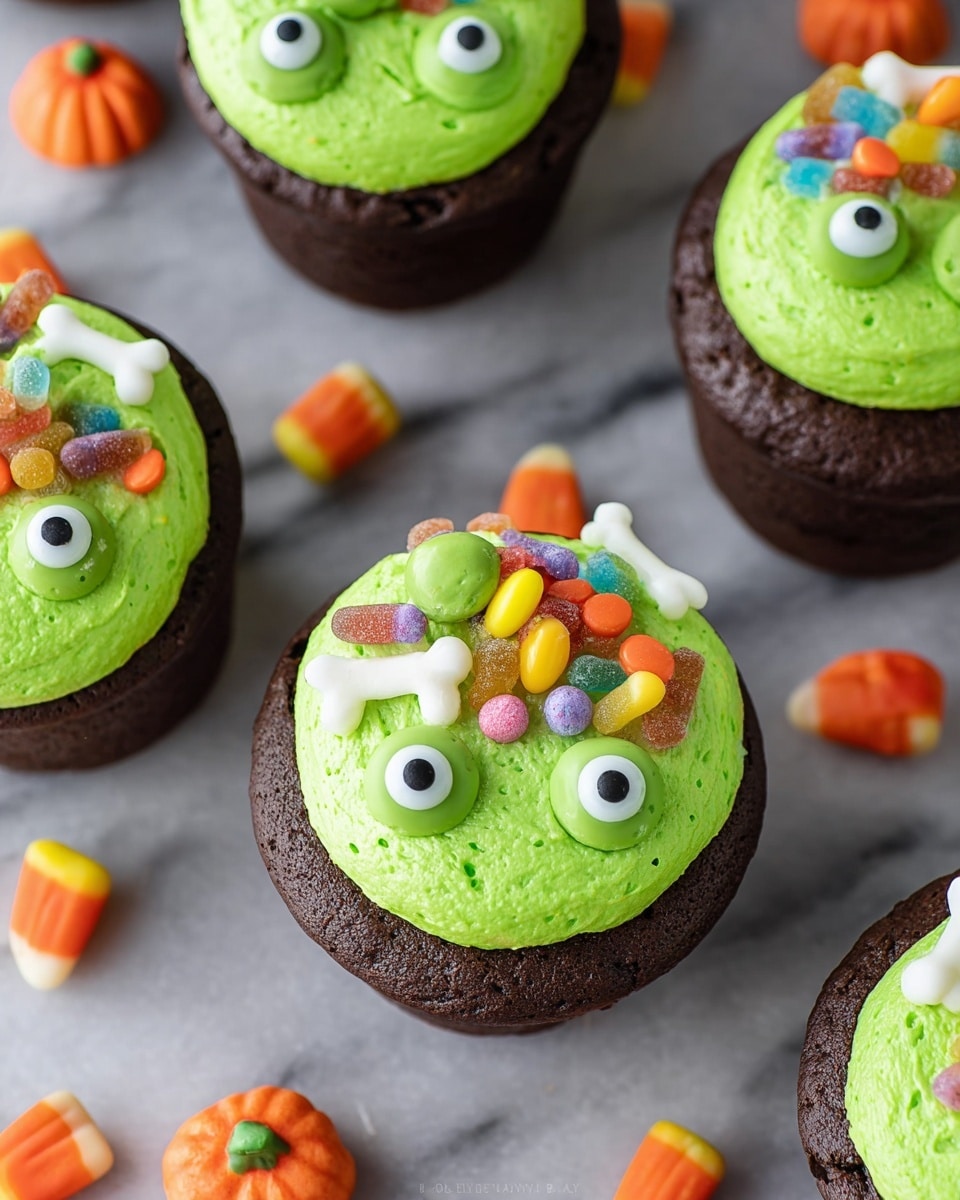 The image shows several chocolate cupcakes topped with one thick layer of bright green frosting placed in the center of each cupcake. The green frosting is decorated with candy eyes, small round green candy balls, white candy bones, and colorful gummy candies sticking out in different directions. The cupcakes are set on a white marbled surface with small orange and green pumpkin-shaped candies scattered around them. The texture of the frosting looks smooth but with some small candy details adding texture. photo taken with an iphone --ar 4:5 --v 7