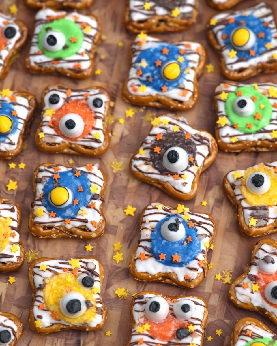 The image shows many small square pretzels with three layers. The base is a light brown pretzel shape. On top is a layer of white icing decorated with thin dark brown lines in a zigzag pattern or dots. Over the icing are two candy eyes, each made from large round candy with a smaller dot in the center, in various colors like yellow with black dots, blue with black dots, green with black dots, and orange with black dots. Small colored sugar sprinkles shaped like stars in red, yellow, and orange are scattered between the pretzels. The surface under the pretzels is a wooden texture. photo taken with an iphone --ar 4:5 --v 7