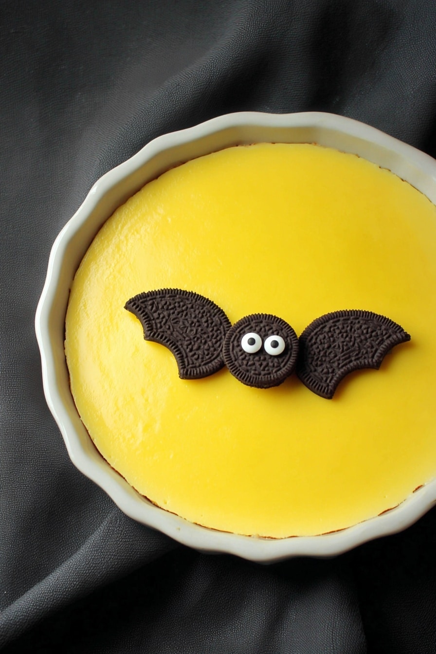 No Bake Boston Cream Halloween Pie, Halloween dessert recipes, festive no bake pies, easy Halloween desserts, spooky fall treat ideas - The dish is a round cake with a smooth, bright yellow layer of icing covering the top. On the surface, there are two small bat decorations made from dark chocolate sandwich cookies, with each bat having half of the cookie as wings and small white candy eyes placed in the middle of the bat shape. The cake sits inside a white bowl, and the background has a white marbled texture. photo taken with an iphone --ar 2:3 --v 7