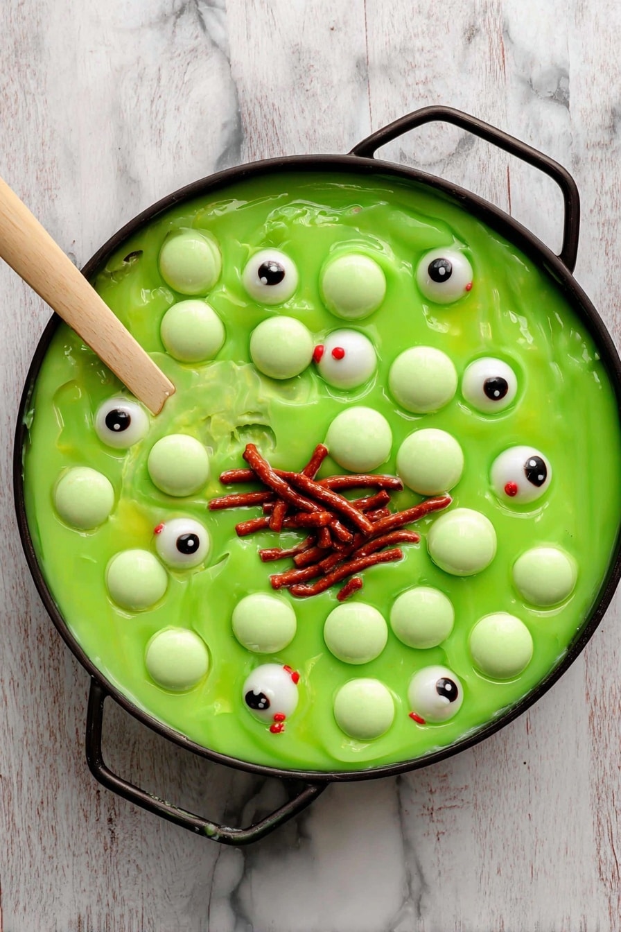 Witches Brew Halloween Trifle, Halloween dessert ideas, spooky Halloween trifle, festive Halloween recipes, easy Halloween desserts - This image shows a large black bowl and a small clear glass bowl filled with a green, slimy jelly-like dessert. Both bowls have a layer of bright green bubbles on top, resembling slime, with several candy eyeballs scattered among the green bubbles. In the center of the green layer, there is a cluster of reddish-brown licorice sticks that look like worms. The bowls rest on a wooden surface, and a spoon is placed in the smaller bowl with one licorice sticking onto it. The overall look is playful and spooky, like a Halloween treat. Photo taken with an iphone --ar 2:3 --v 7