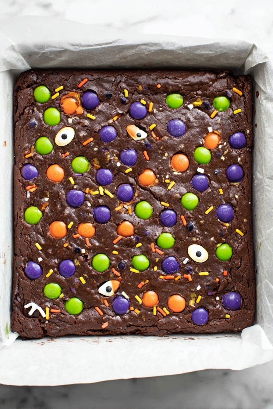 The Best Halloween Brownies, Halloween Brownies, festive Halloween treats, fudgy chocolate brownies, Halloween dessert ideas - A square, thick chocolate brownie sits on a sheet of white parchment paper inside a white baking pan. The brownie has a rich brown color with a slightly cracked top, scattered generously with colorful round purple, green, and orange candy-coated chocolates. There are also small black, orange, green, and purple sprinkles, along with a few small white candy shapes and pairs of candy eyeballs spread unevenly across the surface. The brownie edges are firm and the texture appears dense and fudgy. The baking pan rests on a white marbled surface. Photo taken with an iphone --ar 2:3 --v 7