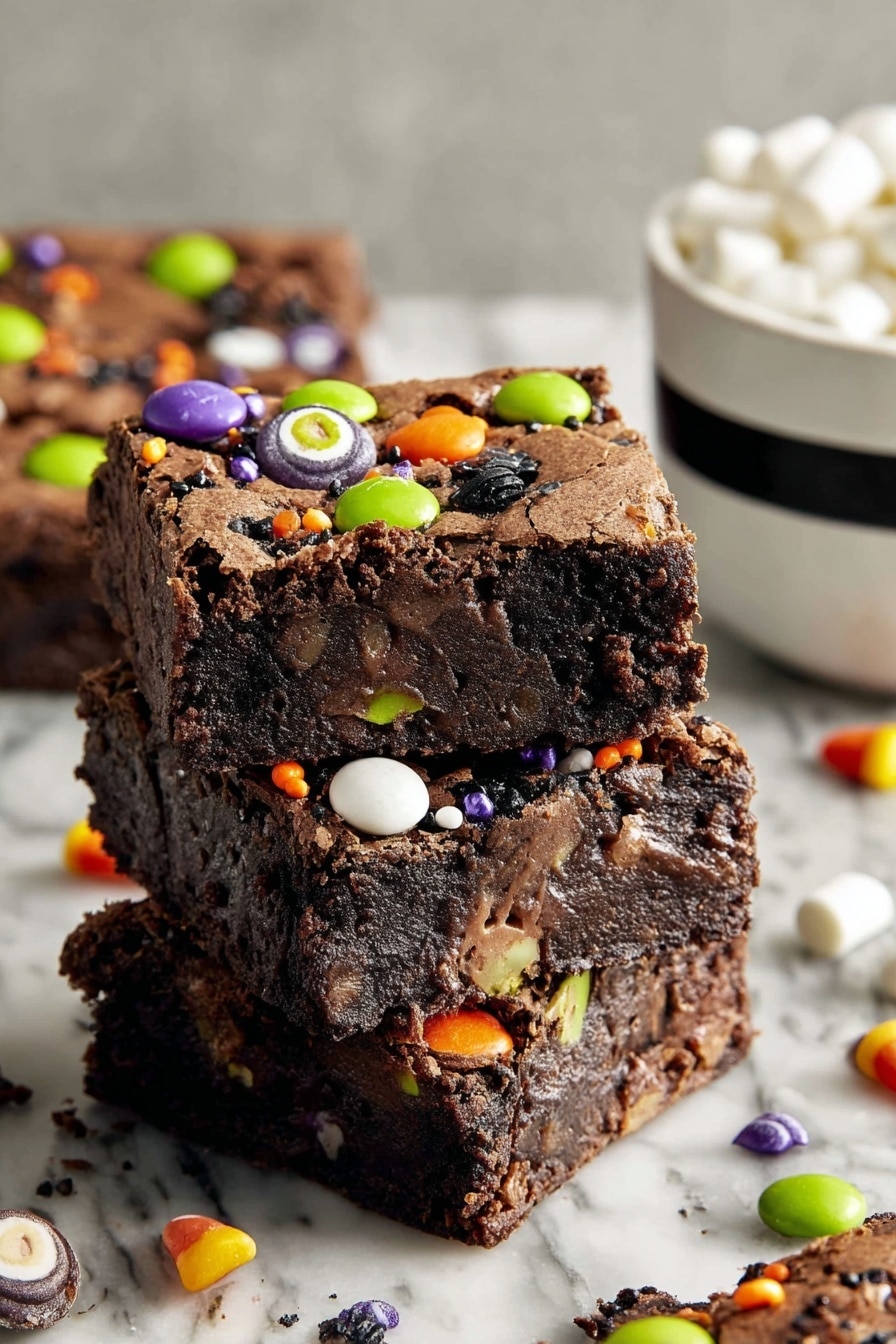 The Best Halloween Brownies, Halloween Brownies, festive Halloween treats, fudgy chocolate brownies, Halloween dessert ideas - The image shows three stacked chocolate brownies with a soft, crumbly texture. Each brownie is dark brown and decorated on top with colorful candy pieces in green, orange, purple, and white, along with small orange, black, green, and purple sprinkles scattered across. The top layer has a slightly cracked surface revealing the rich, dense inside. The brownies are on a white marbled surface, and in the background, there is a white bowl with a black stripe filled with white candy pieces. Photo taken with an iphone --ar 2:3 --v 7