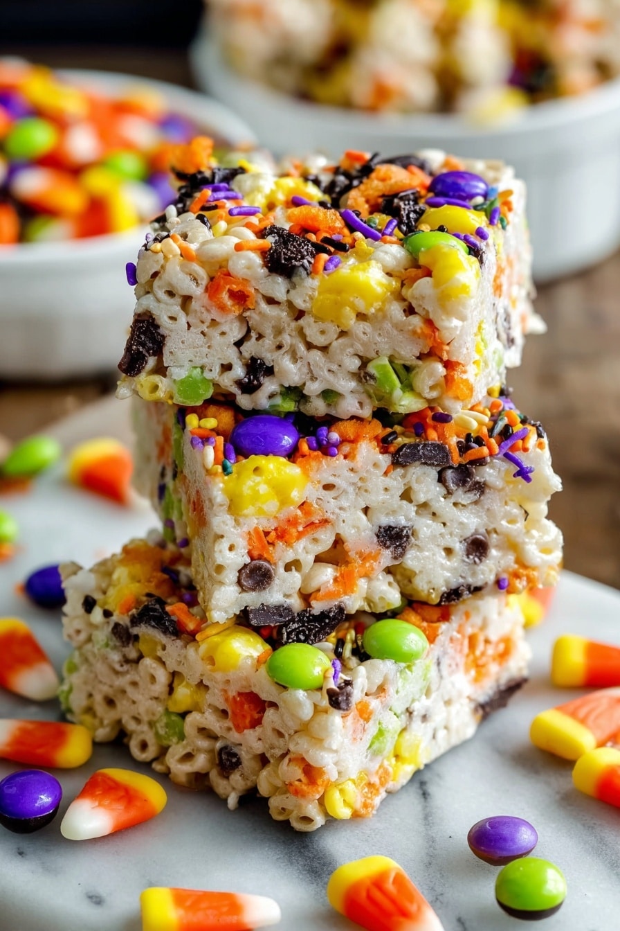 Halloween Rice Krispies Treats, Halloween Rice Krispies, festive Halloween treats, easy Halloween desserts, spooky Halloween snacks - The image shows a stack of three square rice cereal treat bars. Each bar is creamy white with a sticky texture and has colorful candy pieces mixed throughout. The candies include bright orange, yellow, purple, green, and black sprinkle bits, as well as candy corn and small round chocolate-coated candies in orange, green, purple, and yellow. The bars have a bumpy surface with some melted chocolate pieces visible. Around the base, more candy-coated chocolates and candy corn pieces are scattered, all on a white marbled surface with blurred white bowls holding more candies in the background. Photo taken with an iphone --ar 2:3 --v 7