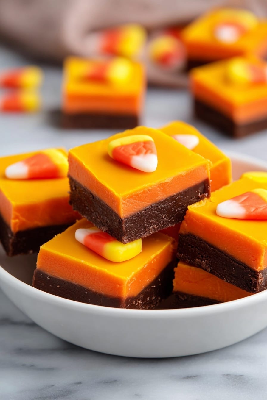 Halloween Fudge, Halloween Fudge with Candy Corn and Orange Food Coloring, Halloween Candy Corn Fudge, Festive Halloween Fudge, Easy Halloween Dessert - A white bowl filled with square layered treats, each having two distinct layers: a thick dark brown bottom layer and a vibrant orange top layer. On the very top of each square is a small candy shaped like a candy corn, featuring three colors: yellow at the base, orange in the middle, and white at the tip. The bowl sits on a white marbled surface. In the background, parts of more treats and candy can be seen, softly blurred. photo taken with an iphone --ar 2:3 --v 7