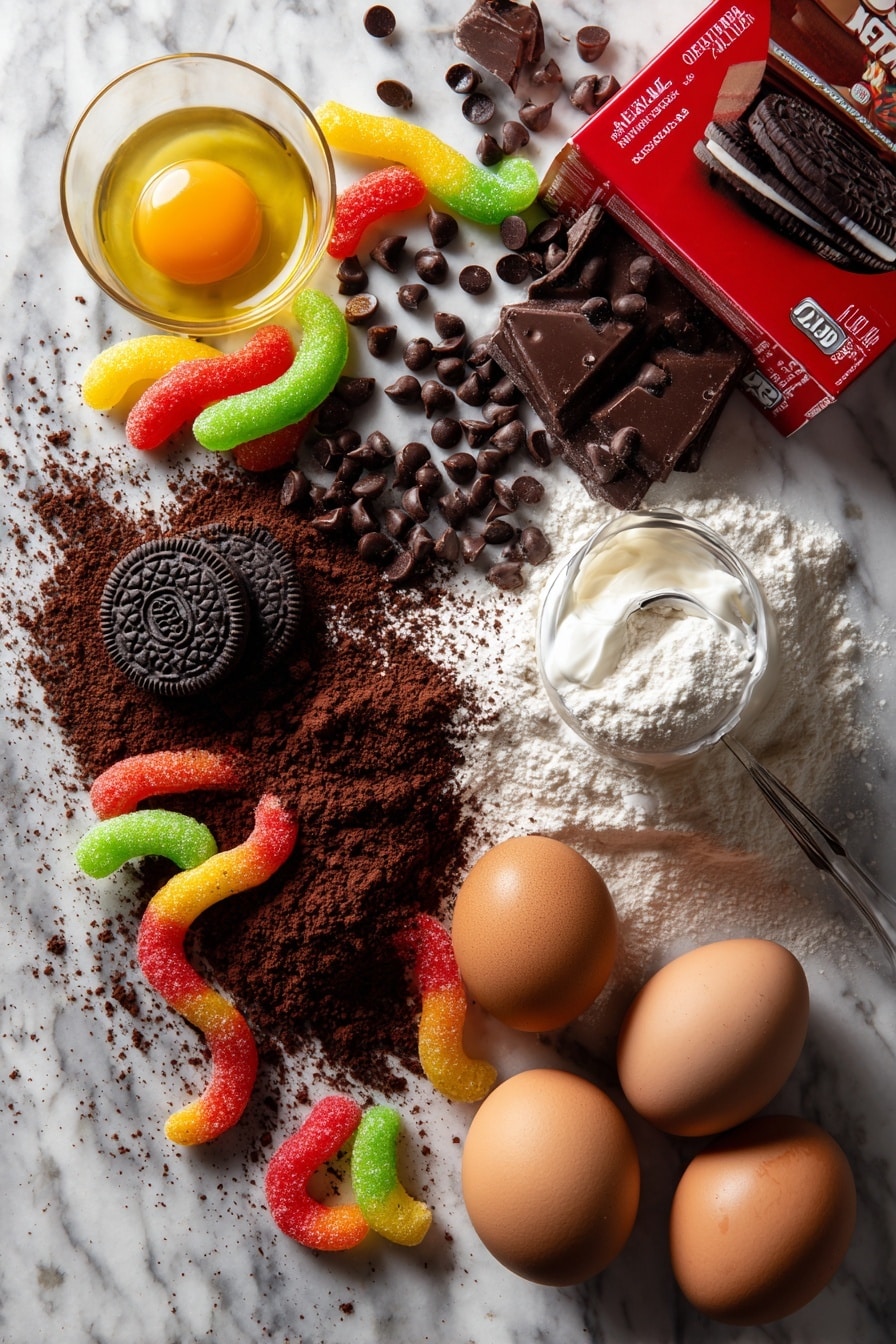 Dirt and Worm Cake Mix Cookies, chocolate cake mix cookies, playful worm cookies, fun cookie recipes, Easter dessert ideas - Flat lay of rich dark chocolate cake mix box with deep brown powder spilling slightly, glossy semi-sweet chocolate chips gleaming with smooth texture, creamy white heavy cream in a small glass pouring stream, whole black and white crushed Oreo cookies showcasing their cookie texture and creamy filling, vibrant gummy worms in bright red, orange, yellow, and green colors coiled and intertwined, two large brown eggs with smooth shells, golden vegetable oil glistening in a small puddle, all naturally arranged in a casual yet artistic spread, placed on white marbled surface, photo taken with an iphone --ar 2:3 --v 7