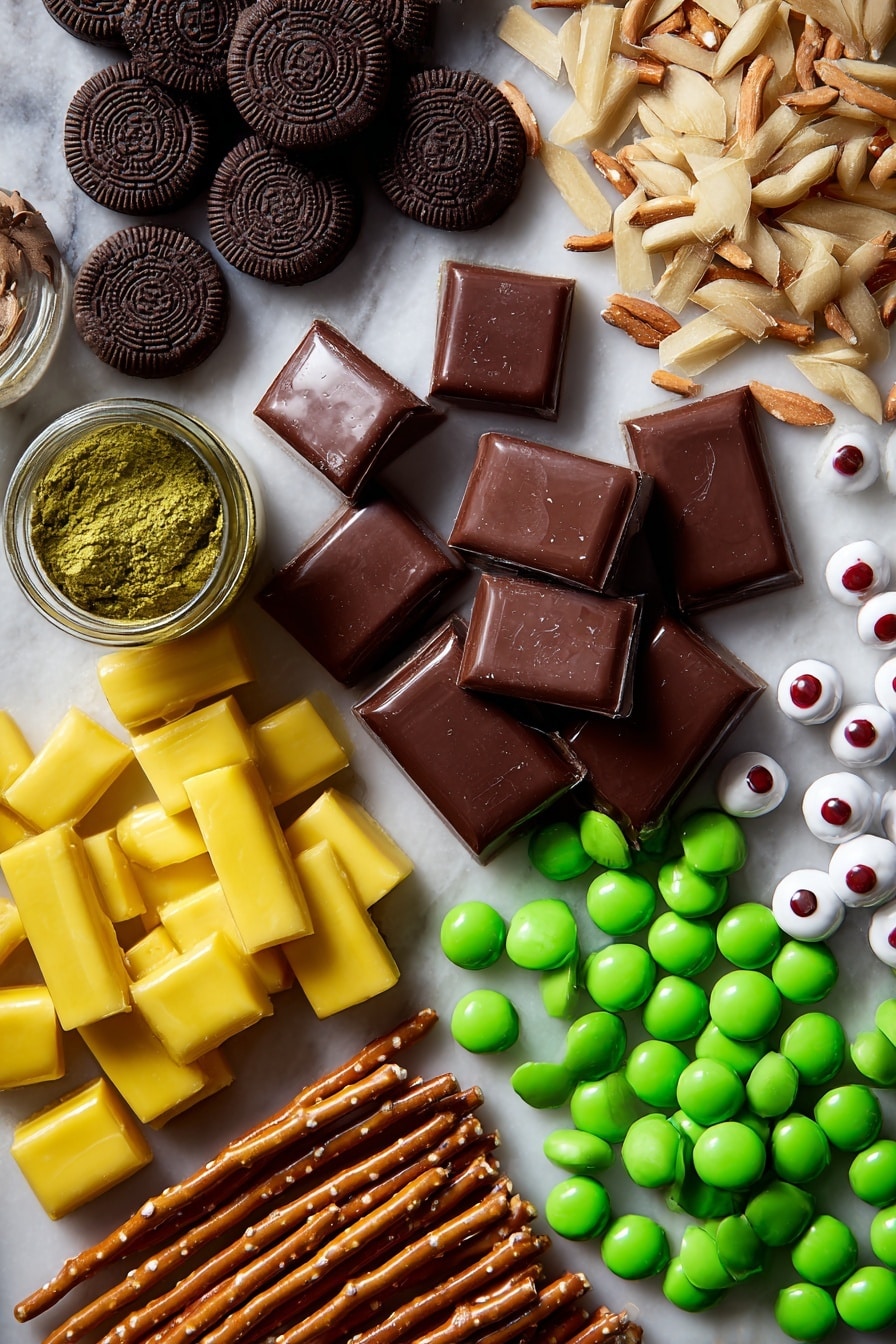 Melted Witch Halloween Bark, Halloween bark, spooky chocolate treats, Halloween candy bark, witch themed Halloween dessert - Flat lay of glossy milk chocolate candy melts in smooth chunks, dark semi-sweet chocolate pieces with a rich matte finish, crunchy chocolate cookies with visible cream filling, golden bugles with their crisp texture, twisted yellow fondant ropes softly curved, slender pretzel sticks with a rustic brown color, pale almond slivers arranged in small piles showing their smooth surfaces, bright green candy melts with a shiny, almost glassy look, and small candy eyeballs in white and red with glossy, rounded surfaces, all beautifully arranged with natural spacing and light shadows, placed on white marbled surface, photo taken with an iphone --ar 2:3 --v 7