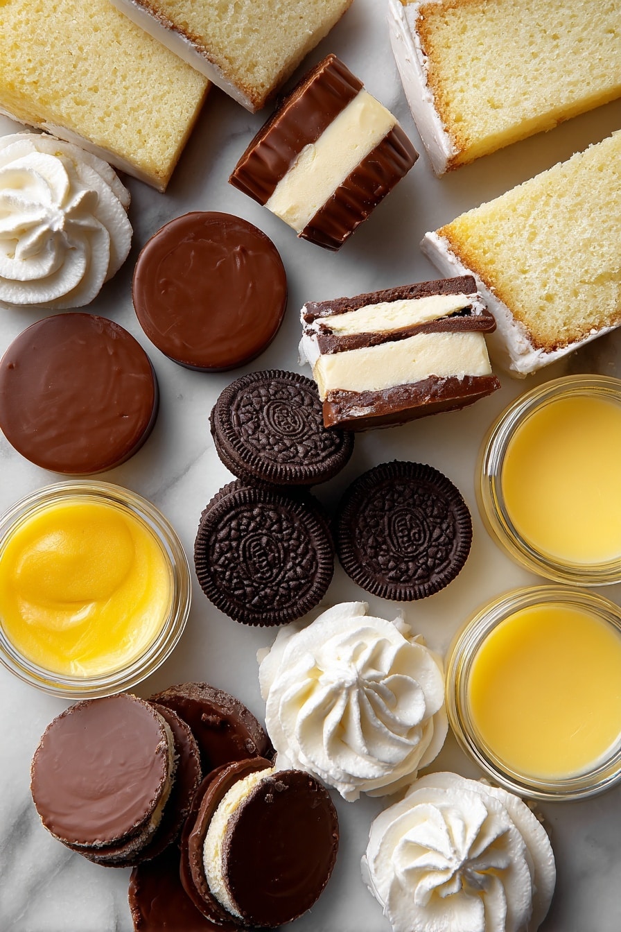 No Bake Boston Cream Halloween Pie, Halloween dessert recipes, festive no bake pies, easy Halloween desserts, spooky fall treat ideas - Flat lay of shiny mini Reese's peanut butter cups with their smooth, rich brown chocolate coating, fresh Oreo chocolate sandwich cookies broken into halves revealing creamy white filling, several dollops of thick, fluffy whipped cream with soft peaks, slices of light and airy white pound cake with a tender crumb, small containers of bright yellow vanilla pudding glowing with a smooth, creamy texture, a small jar of golden yellow gel food coloring showing its vibrant hue, all carefully and naturally arranged with slight overlaps and gentle spacing to highlight each ingredient’s rich colors and textures, placed on white marbled surface, photo taken with an iphone --ar 2:3 --v 7