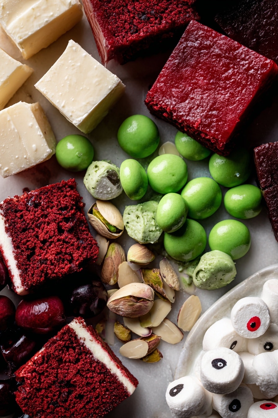 Witches Brew Halloween Trifle, Halloween dessert ideas, spooky Halloween trifle, festive Halloween recipes, easy Halloween desserts - Flat lay of rich red velvet cake chunks with deep burgundy and chocolate hues, vibrant green pistachio pudding in smooth custard texture, glossy bright red cherry pie filling with whole cherries, creamy off-white cream cheese dollops, scattered pale beige sliced almonds, fluffy white whipped cream peaks, shiny large green mint candies, and small white mints decorated with black and red edible markings like eyeballs, all beautifully arranged with contrasting colors and textures placed on white marbled surface, photo taken with an iphone --ar 2:3 --v 7