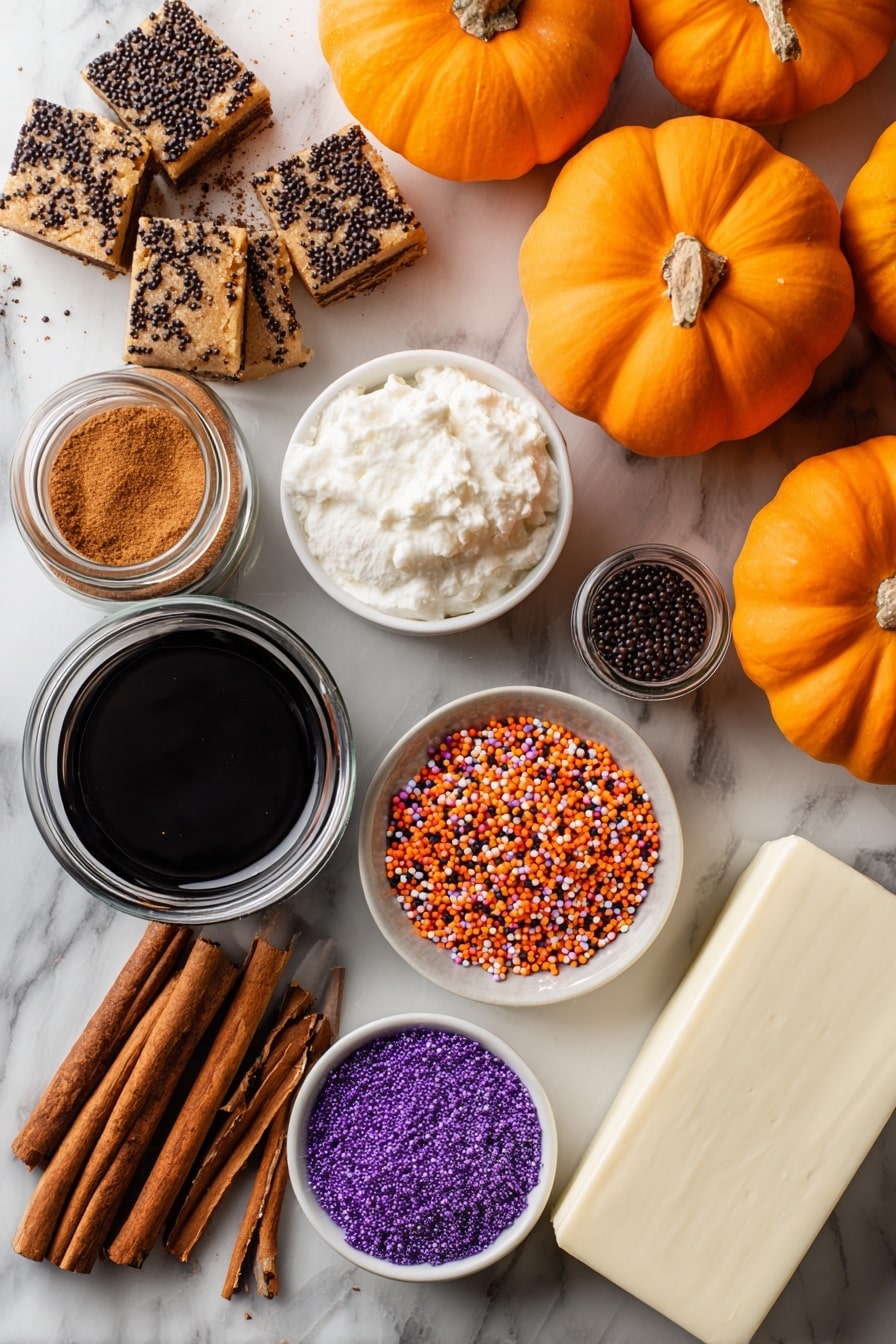 Halloween Pumpkin Spice Cookie Cake, pumpkin spice cookies, Halloween dessert recipes, festive cookie cake, fall pumpkin treats - Flat lay of bright orange pumpkin, golden brown raw cookie dough chunks speckled with cinnamon and nutmeg, a smooth block of creamy white cream cheese, small jars of warm brown pumpkin spice and rich cinnamon sticks, a small bowl of vibrant multicolored Halloween sprinkles in orange, black, and purple, and a small jar of glossy black gel food coloring, all arranged with natural shadows and soft light placed on white marbled surface, photo taken with an iphone --ar 2:3 --v 7