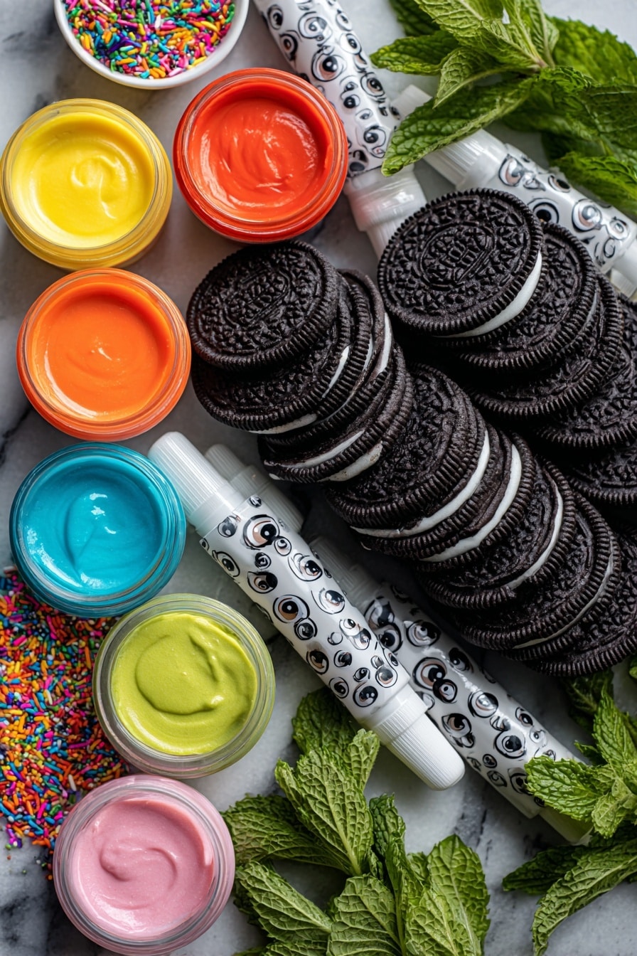 Halloween Oreo Candy Melt Treats, fun Halloween desserts, no-bake holiday treats, easy Halloween candy recipes, festive Halloween snack ideas - Flat lay of a stack of glossy black and white Oreo cookies, colorful candy melts in bright orange, vibrant yellow, deep black, and soft pastel pink, tiny candy eyes with shiny white and black details, a mix of rainbow sprinkles in red, green, blue, and yellow, delicate gel food coloring tubes in bold hues, all neatly arranged with a few sprigs of fresh green mint leaves for contrast, placed on white marbled surface, photo taken with an iphone --ar 2:3 --v 7