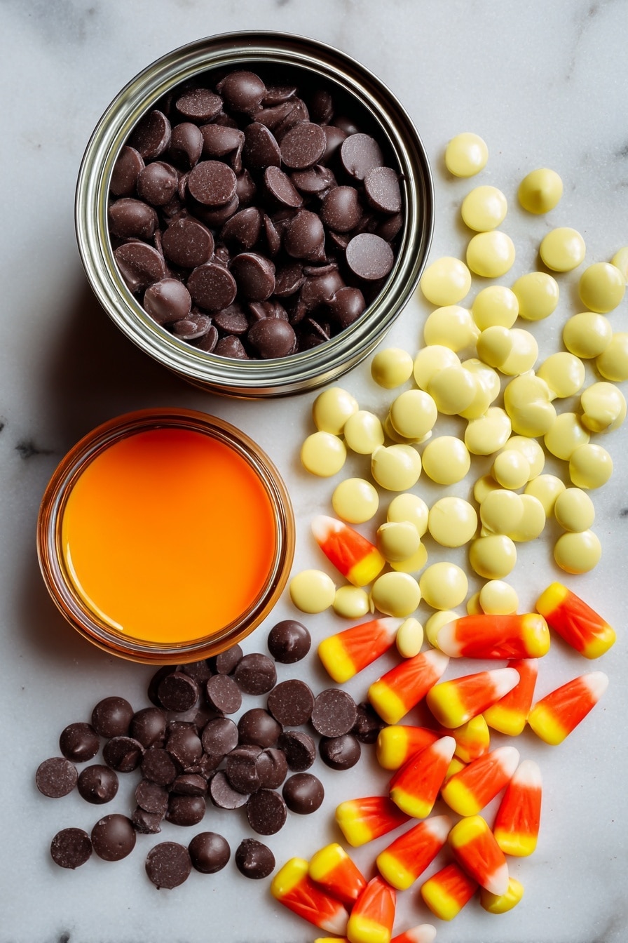 Halloween Fudge, Halloween Fudge with Candy Corn and Orange Food Coloring, Halloween Candy Corn Fudge, Festive Halloween Fudge, Easy Halloween Dessert - Flat lay of rich, glossy semi-sweet chocolate chips in deep brown, smooth white chocolate chips in creamy ivory, a shiny can of sweetened condensed milk with its metallic label, bright orange gel food coloring in a small vibrant jar, and colorful candy corn pieces displaying their classic yellow, orange, and white hues, all arranged naturally with some scattered for texture contrast, placed on white marbled surface, photo taken with an iphone --ar 2:3 --v 7