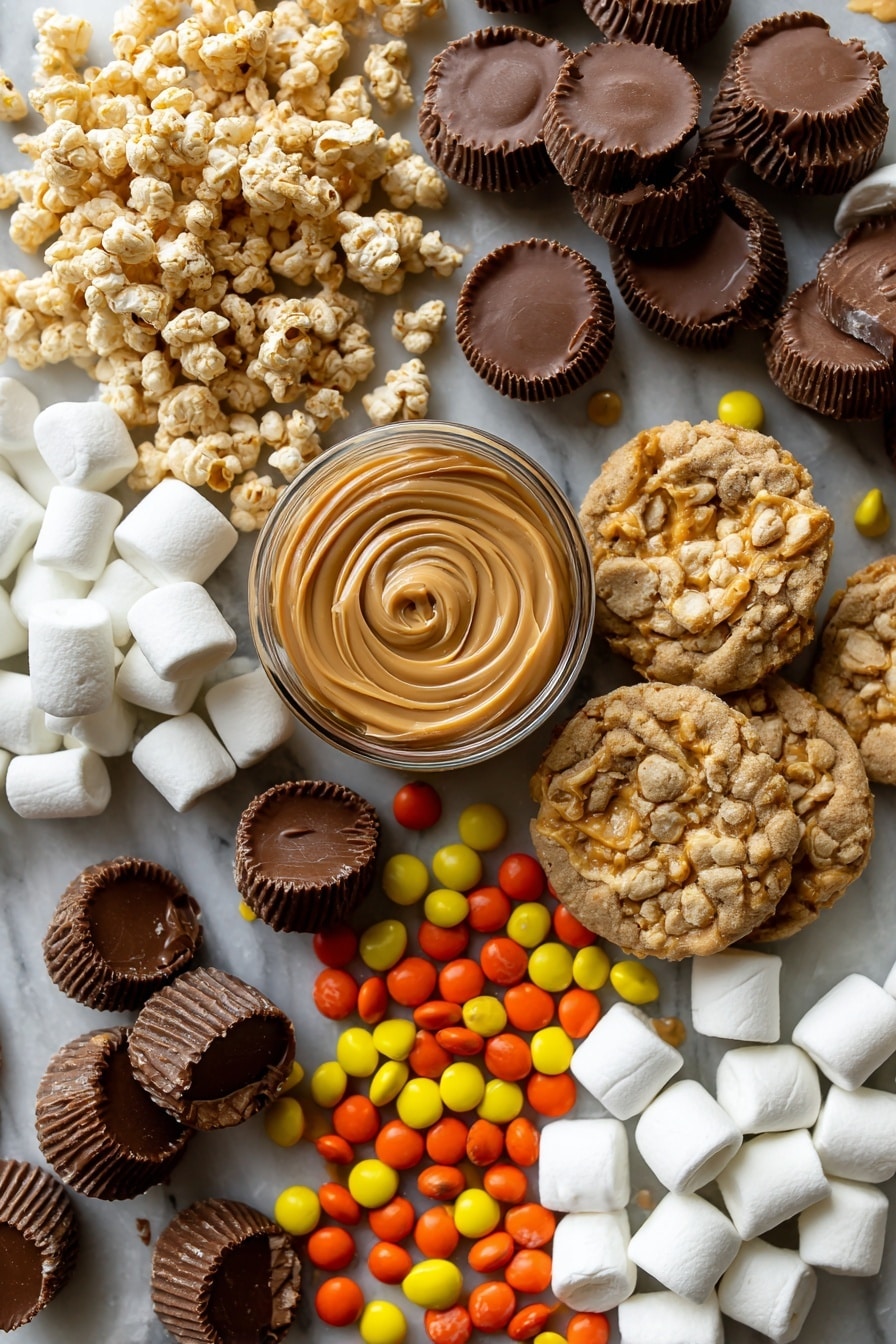 Chocolate Peanut Butter Rice Krispie Treats, Rice Krispie Treats with peanut butter and chocolate, easy no-bake Krispie treats, homemade chocolate peanut butter snacks, kid-friendly dessert recipes - Flat lay of creamy peanut butter in a small swirl, soft white mini marshmallows scattered around, crunchy golden rice cereal clusters, rich chocolate peanut butter cups with glossy surfaces, golden-brown mini Nutter Butter cookies with ridged texture, bright orange, yellow, and brown Reese's Pieces candies adding pops of color, all arranged naturally with some ingredients overlapping and others spaced out, placed on white marbled surface, photo taken with an iphone --ar 2:3 --v 7