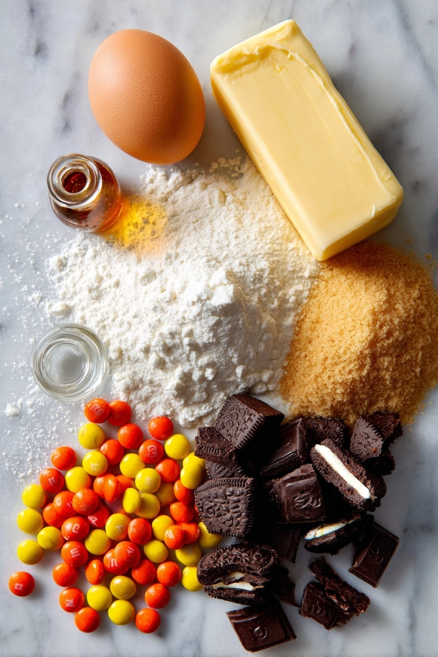 Halloween Oreo M&M’s Cookies, Halloween cookies with Oreos and M&Ms, festive Halloween chocolate cookies, easy Halloween cookie recipes, kid-friendly Halloween treats - Flat lay of slightly softened golden butter, rich brown sugar with its coarse texture, fine white granulated sugar, a fresh brown-speckled egg, a small glass vial of clear vanilla extract, a neat mound of soft white flour, smooth white corn starch powder, bright orange, yellow, red, and brown Halloween M&M's candies scattered with glossy shells, and roughly chopped dark chocolate Halloween Oreo cookies with creamy white filling visible, all beautifully arranged in a natural, casual pattern with some crumbs and candy pieces overlapping, placed on white marbled surface, photo taken with an iphone --ar 2:3 --v 7