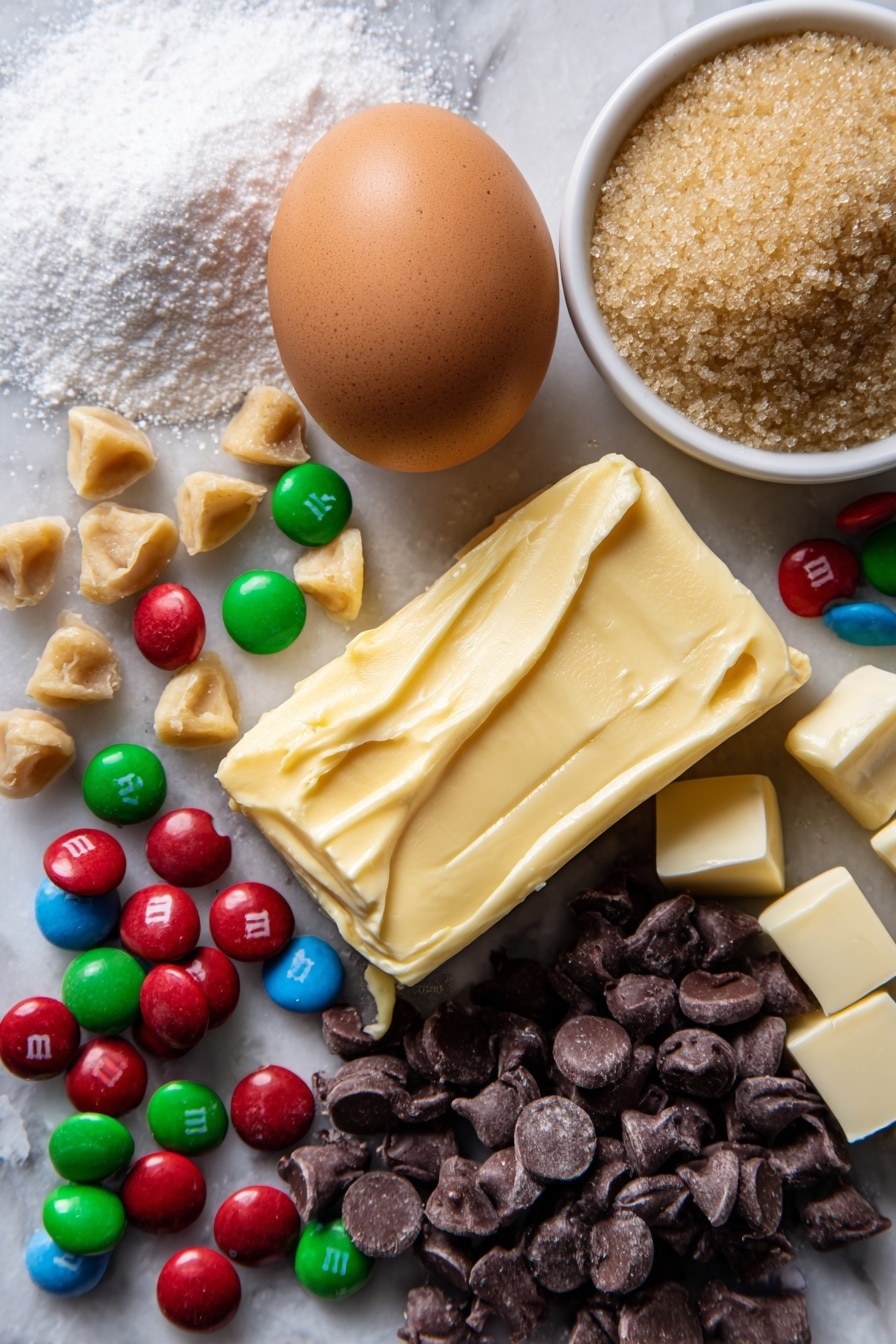 Crumbl Monster Cookie, monster cookie recipe, chewy cookie with mix-ins, homemade monster cookies, best cookie with M&Ms and peanut butter chips - Flat lay of soft butter with a creamy pale yellow texture, packed light brown sugar crystals, white granulated sugar sparkling gently, a fresh whole egg with a smooth brown shell, vibrant red, green, yellow, and blue M&M's scattered naturally, creamy peanut butter chips in a soft beige tone, and rich semi-sweet chocolate chips with a deep glossy brown finish, all beautifully arranged in a casual yet balanced manner, placed on white marbled surface, photo taken with an iphone --ar 2:3 --v 7