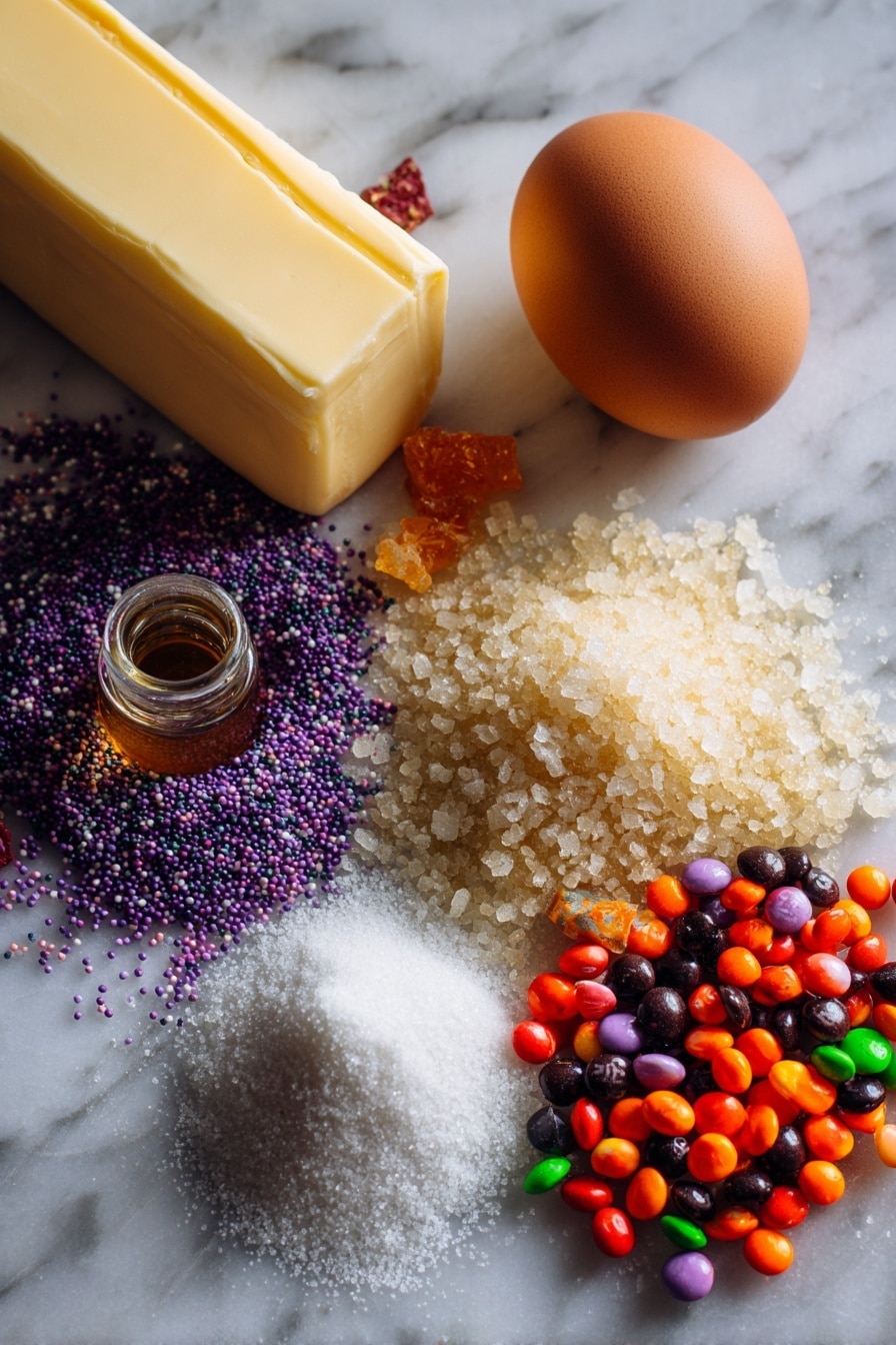 Leftover Halloween Candy Cookies, Halloween Candy Cookie Recipe, Soft Chewy Candy Cookies, Easy Halloween Candy Cookies, Festive Holiday Cookie Ideas - Flat lay of a stick of creamy golden butter, a heap of light and dark brown sugar crystals glistening softly, a smooth brown egg with a clean shell, a small glass vial of pale amber vanilla extract, a mound of fine white granulated sugar, and a handful of colorful, chopped Halloween candies in shades of bright orange, deep purple, vibrant green, and rich red, all naturally scattered with some small white flour dust sprinkled around, placed on white marbled surface, photo taken with an iphone --ar 2:3 --v 7