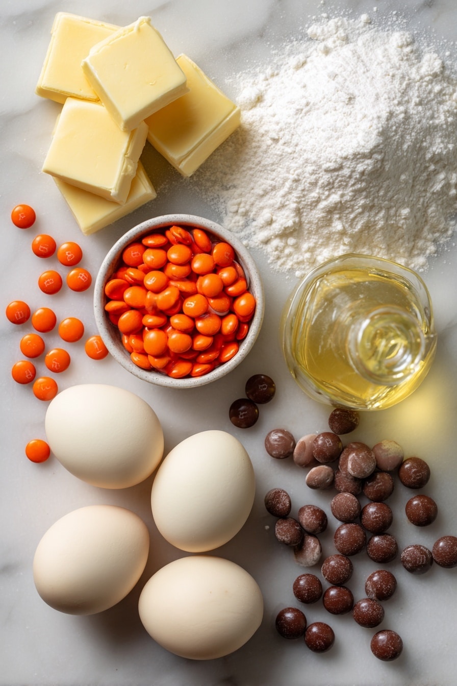 Snowman Face Cookies, festive holiday cookies, cute Christmas cookies, easy holiday cookie decorating, soft cake-like cookies - Flat lay of smooth white powdered sugar piled gently beside soft yellow butter cubes, bright orange round candy pieces scattered delicately, shiny brown regular and mini candy-coated chocolates grouped in small clusters, glossy fresh eggs with a warm cream color, and a pale golden canola oil bottle with a subtle sheen, all naturally arranged with a mix of round and textured shapes, placed on white marbled surface, photo taken with an iphone --ar 2:3 --v 7