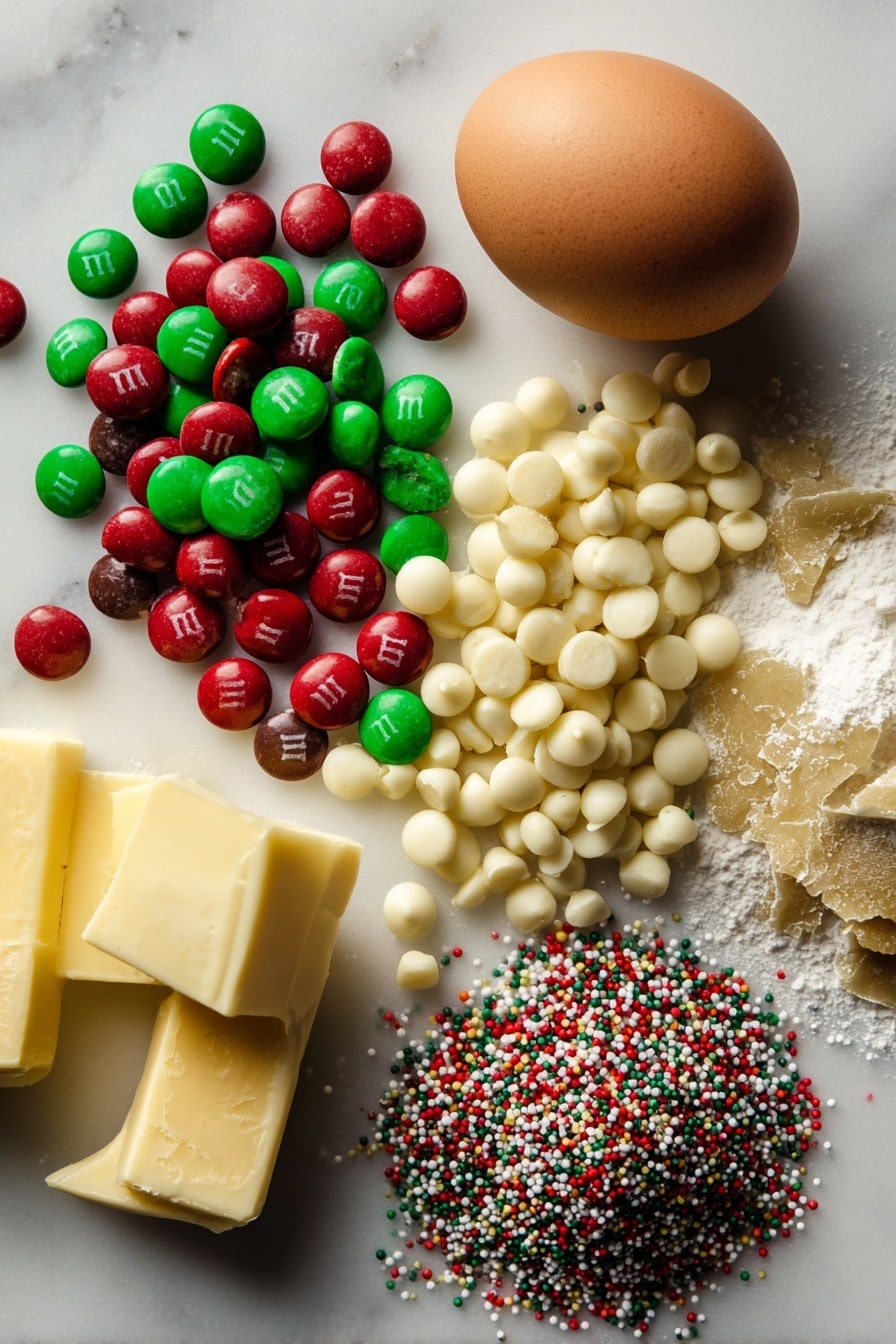 Christmas Cookie Bars, festive cookie bars, holiday bar cookies, easy Christmas desserts, Christmas baking ideas - Flat lay of colorful red and green M&Ms scattered alongside creamy white chocolate chips and rich semi-sweet chocolate chips, soft golden brown sugar crystals, smooth pale yellow unsalted butter, fresh large brown egg with a glossy shell, and a small heap of festive multicolored holiday sprinkles, all arranged naturally with slight shadows and textures visible, placed on white marbled surface, photo taken with an iphone --ar 2:3 --v 7