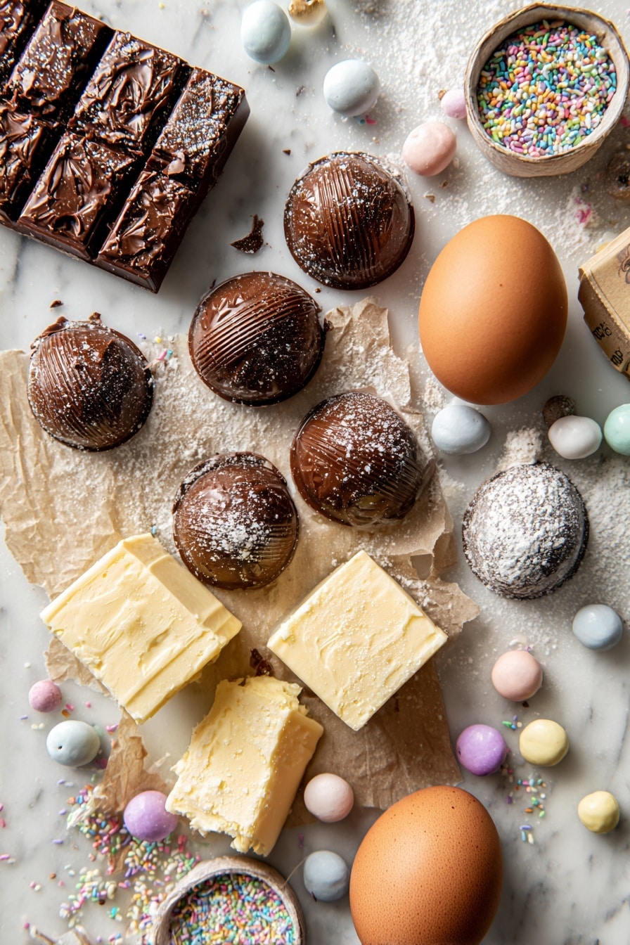 Chocolate Kiss Cookies, easy chocolate cookies, Hershey's Kiss cookies, soft chocolate cookies, holiday chocolate treats - Flat lay of rich dark chocolate kisses with shiny wrappers removed, soft pale cream cheese blocks, smooth golden butter sticks, a single large brown egg, scattered white granulated sugar crystals, colorful tiny round sprinkles in pastel hues, and a box of deep brown chocolate cake mix partially open, all arranged in a natural, slightly scattered pattern with contrasting textures and soft shadows, placed on white marbled surface, photo taken with an iphone --ar 2:3 --v 7