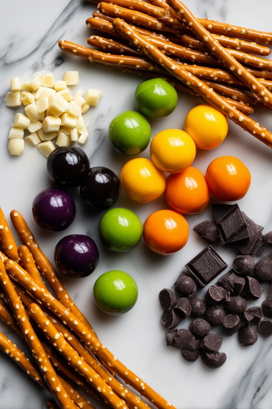 Halloween Pretzels, Halloween Pretzels Recipe, Halloween Treats, Festive Pretzel Snacks, Spooky Halloween Snacks - Flat lay of golden brown pretzel sticks scattered artistically next to smooth, colorful fondant balls in vivid shades of bright orange, leafy green, sunny yellow, deep purple, and rich black, alongside small piles of creamy white chopped chocolate and glossy dark chocolate chunks with a slight sheen, all arranged naturally to showcase their textures and vibrant hues, placed on white marbled surface, photo taken with an iphone --ar 2:3 --v 7
