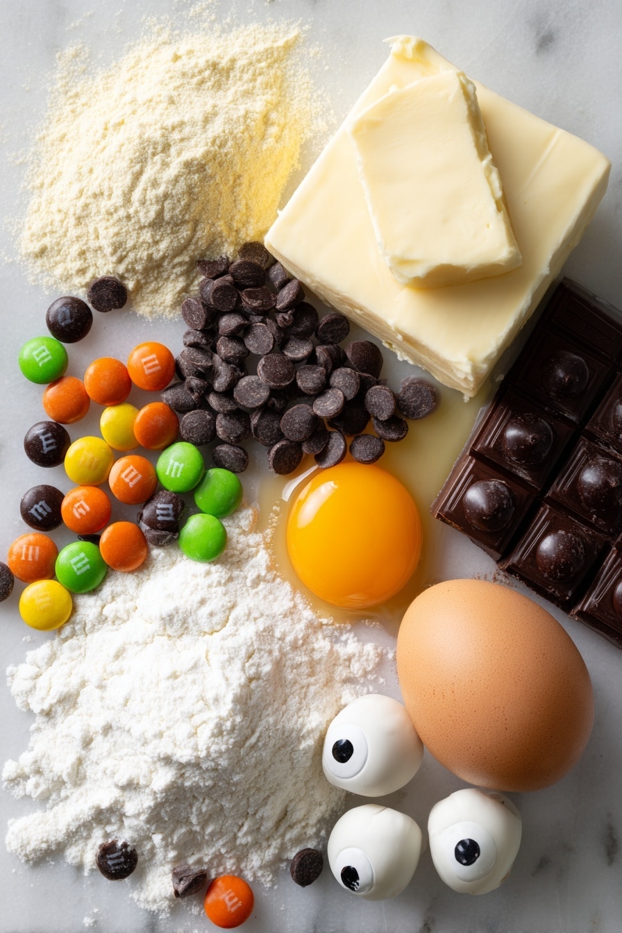 The Best Halloween Brownies, Halloween Brownies, festive Halloween treats, fudgy chocolate brownies, Halloween dessert ideas - Flat lay of glossy dark chocolate chips clustered next to rich cocoa powder in a soft brown mound, smooth golden vegetable oil pooling gently beside a cracked raw egg with vibrant orange yolk visible, a stick of creamy unsalted butter partially melted with soft edges, bright white granulated sugar sparkling lightly, a neat pile of pale all-purpose flour contrasted with fine white cornstarch, colorful Halloween M&M candies in shades of orange, green, black, and purple scattered playfully alongside whimsical white candy eyeballs with black centers, all thoughtfully arranged with natural shadows and highlights, placed on white marbled surface, photo taken with an iphone --ar 2:3 --v 7