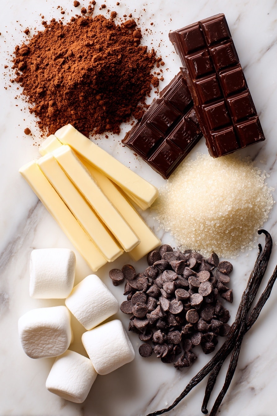 Black Cocoa Brownies with Spider Web Topping, spooky Halloween brownies, black cocoa dessert, easy Halloween treats, black cocoa brownie recipe - Flat lay of rich dark cocoa powder in a small heap, smooth pale yellow butter sticks, glossy deep brown semi-sweet chocolate chips scattered, light golden brown sugar crystals, fine white granulated sugar, smooth white eggs with a subtle shine, soft fluffy white mini marshmallows, and delicate pale vanilla beans arranged naturally with a few scattered crumbs for texture contrast, placed on white marbled surface, photo taken with an iphone --ar 2:3 --v 7