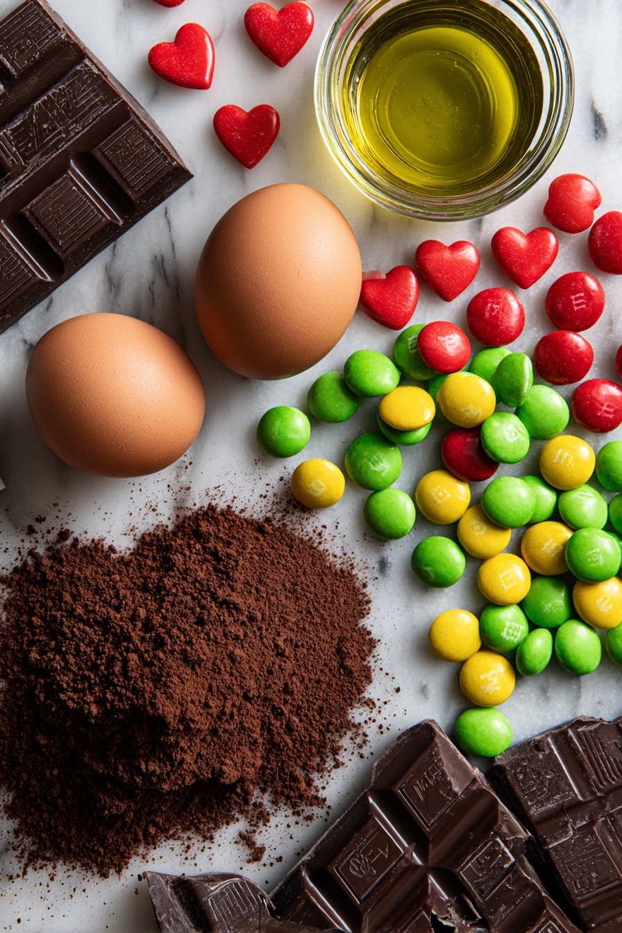 Black Cat Cookies Snack, Halloween Cookies, Spooky Cookie Decorations, Cute Halloween Treats, Easy Holiday Cookie Ideas - Flat lay of rich dark Devil’s Food cake mix box with deep brown cocoa powder spilling beside it, two large glossy brown eggs, smooth golden vegetable oil in a small glass jar, vivid green and bright yellow M&Ms with shiny surfaces, large red heart-shaped sprinkles with a matte texture, slender shiny black licorice sticks, and solid dark brown Hershey chocolate bars broken into triangles, all beautifully arranged in a natural, slightly scattered pattern to highlight textures and colors, placed on white marbled surface, photo taken with an iphone --ar 2:3 --v 7