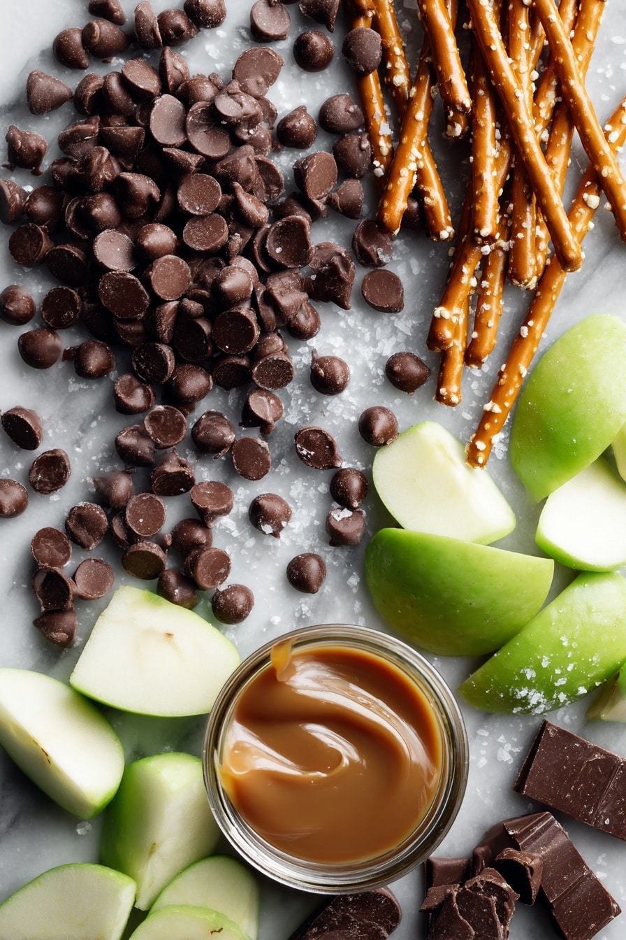 Caramel Apple Pretzel Bark, caramel apple pretzel bark, easy caramel bark, salty sweet pretzel bark, fall dessert recipes - Flat lay of glossy semi-sweet chocolate chips in rich dark brown clusters, long golden pretzel sticks with a crisp texture, bright green apple chunks showing their fresh juicy flesh, smooth golden caramel sauce in a thick drizzle, and delicate white sea salt flakes scattered naturally, all beautifully arranged with a balance of colors and textures, placed on white marbled surface, photo taken with an iphone --ar 2:3 --v 7