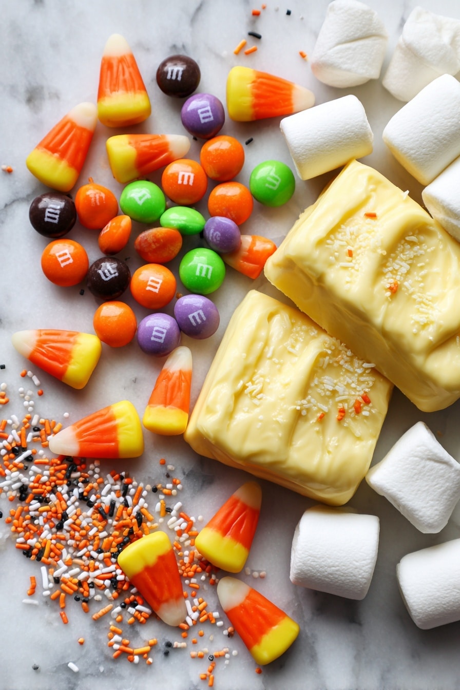 Halloween Rice Krispies Treats, Halloween Rice Krispies, festive Halloween treats, easy Halloween desserts, spooky Halloween snacks - Flat lay of bright orange candy corn with smooth, glossy textures, colorful Halloween M&Ms in shades of orange, black, green, and purple, fluffy white mini marshmallows with a soft, pillowy appearance, rich golden yellow unsalted butter blocks with a creamy texture, and tiny orange, black, and white Halloween-themed sprinkles scattered delicately, all arranged in a natural, slightly scattered pattern with pops of vibrant color and varied shapes, placed on white marbled surface, photo taken with an iphone --ar 2:3 --v 7