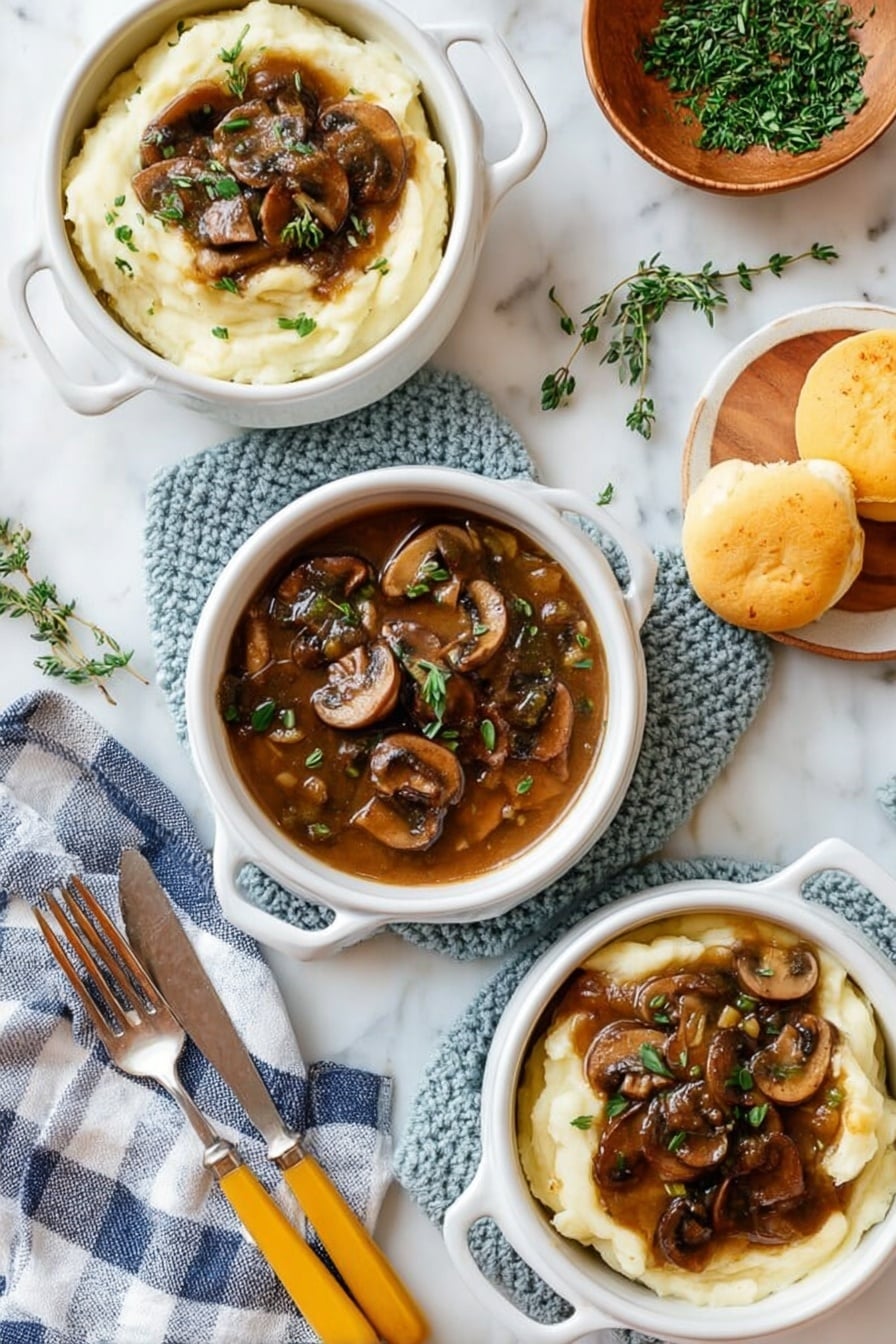 Mushroom Gravy, vegetarian mushroom gravy, easy mushroom gravy, earthy mushroom sauce, comforting gravy recipes - The image shows three white bowls with handles, each filled with two layers: a smooth, creamy white mashed potato base topped with a rich brown mushroom gravy containing sliced mushrooms and small green herb pieces. The bowls are placed on a white marbled surface with a soft blue knitted mat under one bowl. Fresh herb sprigs are scattered on the bowls and around the setup. There are also two yellowish bread rolls near the top right, a wooden bowl with green herbs, a small wooden plate with more herbs, and a blue and white checkered napkin holding two vintage forks and a yellow-handled knife at the bottom left. The scene looks clean and inviting, with natural lighting highlighting the textures. Photo taken with an iphone --ar 2:3 --v 7