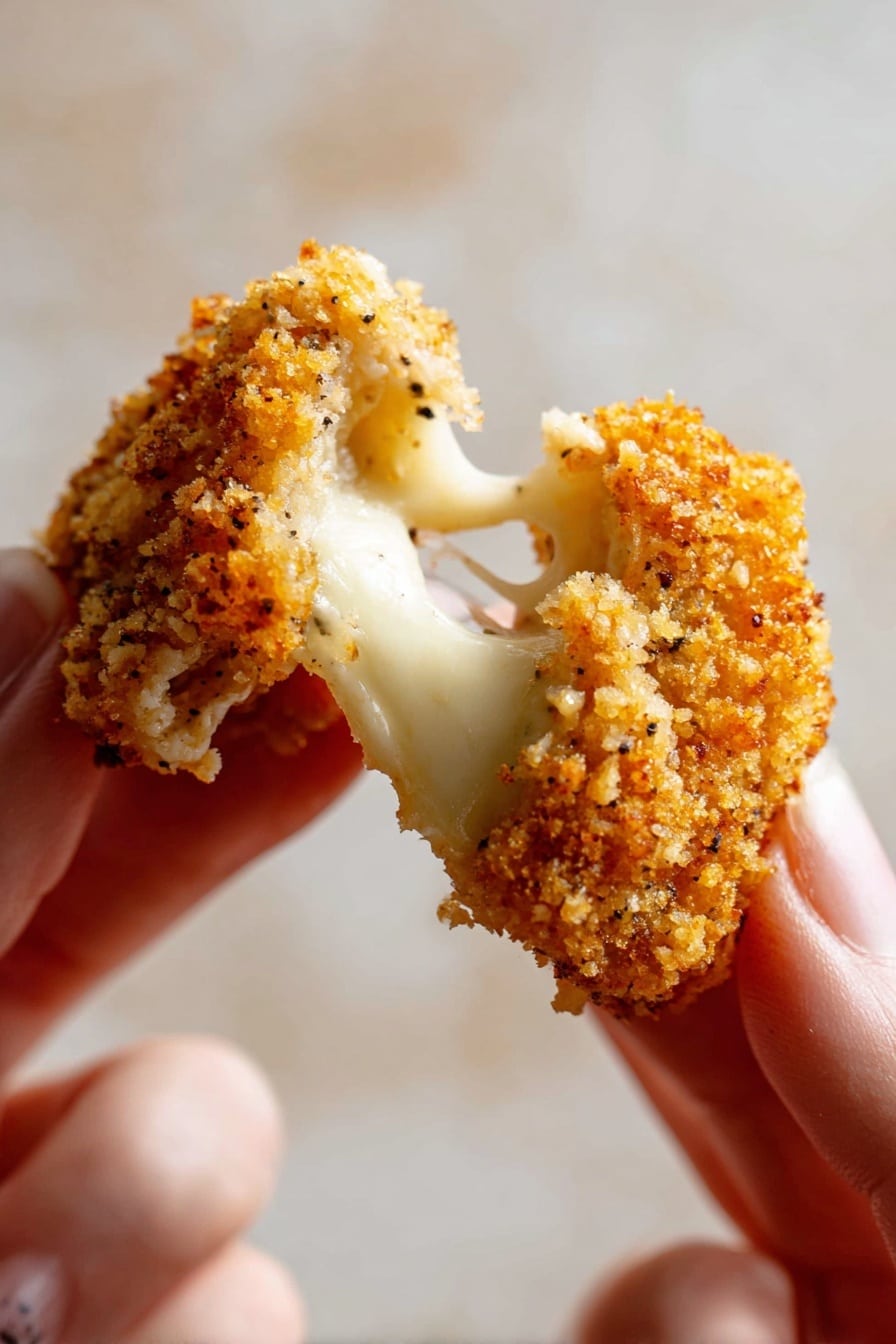 Baked Mozzarella Sticks, cheesy baked mozzarella sticks, crispy baked cheese sticks, homemade baked mozzarella snacks, healthy mozzarella sticks - A close-up photo of a person's two fingers pulling apart a crispy, crumb-coated fried piece of food, showing melted white, stretchy cheese inside. The crumb coating is golden brown with small black specks, and the background is a soft, blurry white marbled texture. The photo focuses tightly on the texture of the crunchy outside and the smooth cheese inside. photo taken with an iphone --ar 2:3 --v 7