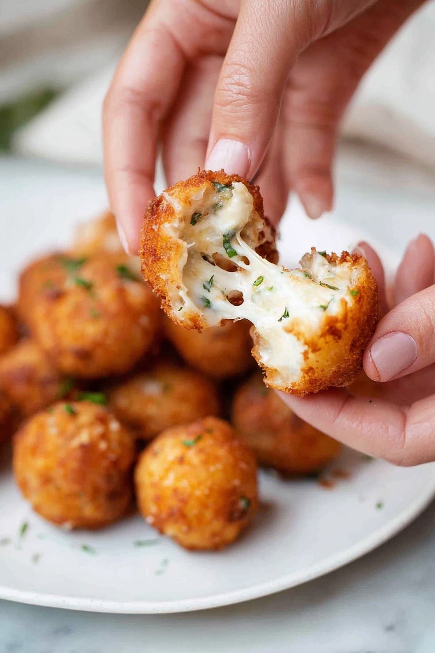 Crispy Mashed Potato Balls with Cheddar and Green Onions, mashed potato balls, cheesy potato appetizers, crispy potato bites, savory snack ideas - The image shows several golden brown fried balls arranged in a loose cluster on a white plate with a white marbled surface background. Each ball has a crispy, textured outer layer with a crunchy appearance. One ball is open, revealing a soft, creamy white inside with small green bits mixed within. Small green herb pieces are scattered lightly around the balls on the plate. Photo taken with an iphone --ar 2:3 --v 7