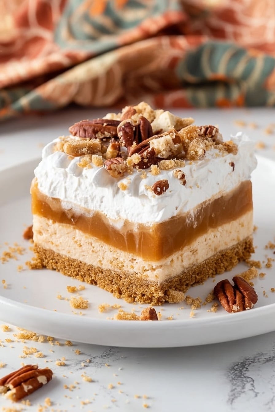 No Bake Pumpkin Lush, Pumpkin Lush dessert, No Bake fall desserts, Pumpkin layered dessert, Pumpkin cream cheese dessert - The image shows a square slice of dessert on a white plate resting on a white marbled surface. The dessert has four visible layers: the bottom layer is crumbly and brown like a cookie or crust; above it is a thicker light brown creamy layer, followed by a thinner smooth caramel-colored layer; the top layer is white and fluffy, likely whipped cream, sprinkled with chunks of broken cookies and pecans. Some pecan pieces and crumbs are scattered around the plate. In the background, a patterned cloth with earthy colors is softly blurred. Photo taken with an iphone --ar 2:3 --v 7