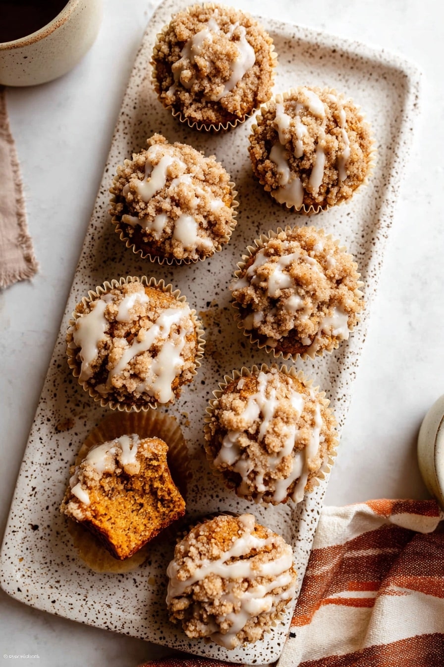 Pumpkin Crumb Cake Muffins, fall muffin recipes, pumpkin spice muffins, easy pumpkin muffins, moist pumpkin breakfast muffins - The image shows eight crumb-topped muffins on a long white speckled tray, each in a light beige muffin liner. The muffins have a golden-brown color with a thick, crumbly topping that is drizzled with a white glaze. Two muffins at the bottom have a bite taken out, revealing a moist, dense orange-brown interior. The tray sits on a white marbled surface, next to a warm brown and cream striped cloth on the right side, with a small part of a white cup visible on the left edge. photo taken with an iphone --ar 2:3 --v 7