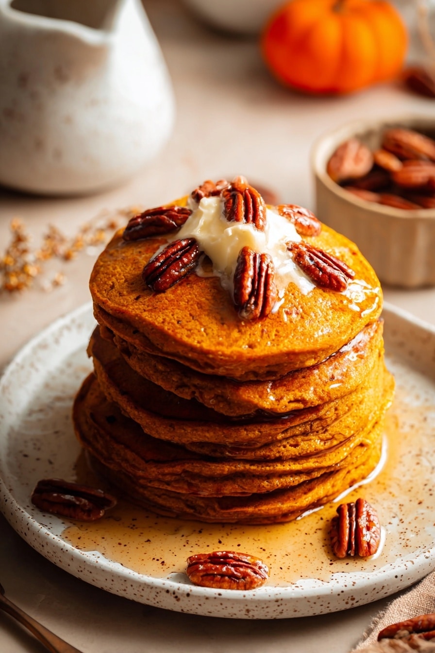 Vegan Pumpkin Pancakes, Pumpkin Pancake Recipe, Vegan Breakfast Ideas, Fall Breakfast Recipes, Plant-Based Pancakes - A tall stack of five thick pumpkin-colored pancakes sits on a white plate speckled with brown dots, each pancake showing a slightly rough texture with some visible air bubbles. On top of the stack is a dollop of melting pale butter surrounded by shiny amber syrup that drips down the sides. Five glossy pecan halves are placed on top, with some scattered around the plate and table. The background shows a bowl with a white marbled texture and soft focus elements of more pecans and an orange object in a white dish. The scene is warmly lit and close up, photo taken with an iphone --ar 2:3 --v 7