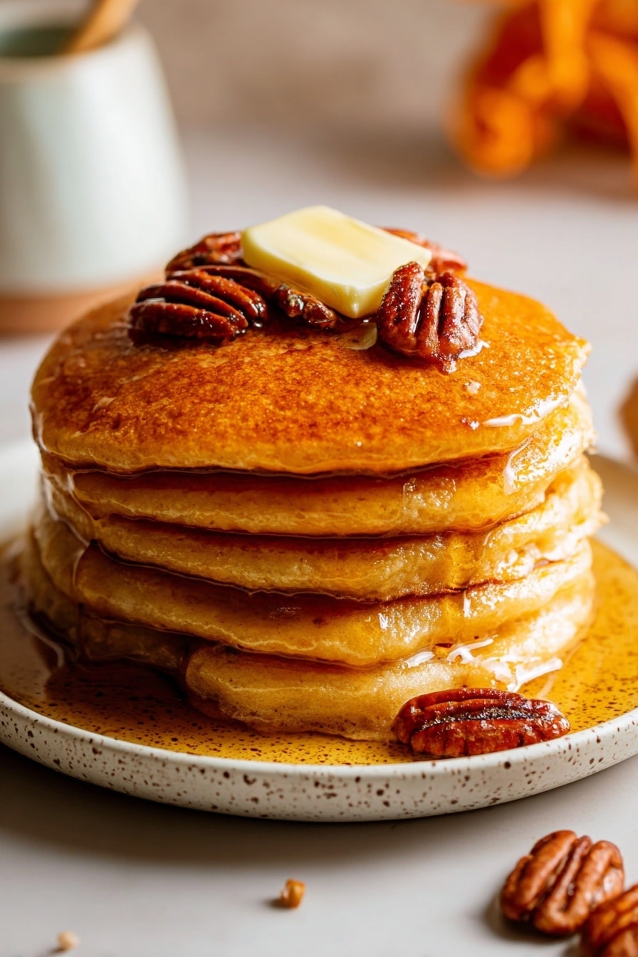 Vegan Pumpkin Pancakes, Pumpkin Pancake Recipe, Vegan Breakfast Ideas, Fall Breakfast Recipes, Plant-Based Pancakes - A stack of five thick, golden brown pancakes sits in the center of a white speckled plate on a white marbled surface. Each pancake is fluffy with a smooth, slightly uneven texture, showing a warm, cooked tone. On top of the stack, there is a square piece of pale yellow butter melting slowly, surrounded by syrup dripping over the edges, giving a shiny glaze to the pancakes. Four whole pecans, deep brown with ridged texture, rest on the top pancake, with a few more scattered around the base on the plate. In the soft blurred background, warm orange and white shapes are faintly visible, adding a cozy atmosphere. Photo taken with an iphone --ar 2:3 --v 7