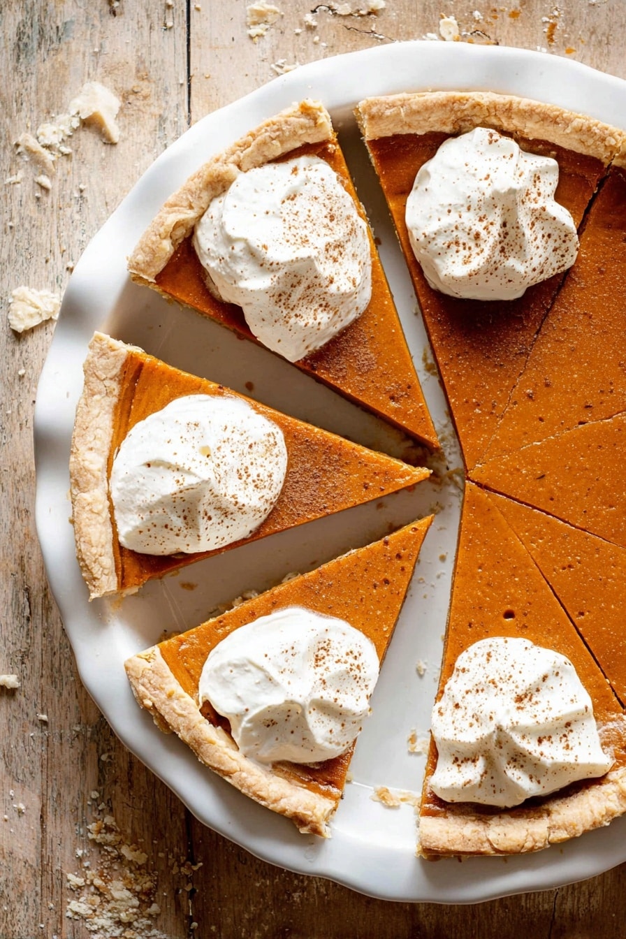 Vegan Pumpkin Pie with Coconut Cream, vegan pumpkin pie, dairy-free pumpkin pie, plant-based pumpkin dessert, gluten-free pumpkin pie - This image shows a pumpkin pie cut into eight slices on a white scalloped pie plate. The pie has two layers: a thick, smooth, orange pumpkin filling on the bottom and a golden-brown, flaky crust around the edges. Four of the slices are topped with a dollop of white whipped cream, sprinkled with a light dusting of brown spice, likely cinnamon or nutmeg. The pie plate is sitting on a worn wooden surface with scattered crumbs. photo taken with an iphone --ar 2:3 --v 7