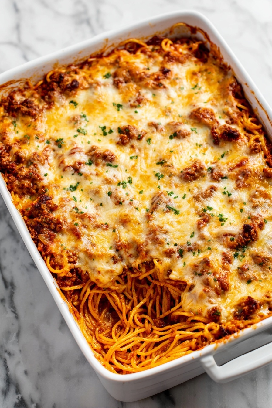 Easy Baked Spaghetti with Ground Beef and Melty Cheeses, baked spaghetti recipe, cheesy baked spaghetti, ground beef pasta bake, family favorite spaghetti dish - A white rectangular baking dish filled with baked spaghetti pasta layered with a red tomato meat sauce and melted golden-brown cheese on top, sprinkled with small green herb bits, showing some browned spots where cheese is crispy; a portion has been served from one corner revealing orange-red spaghetti mixed with the sauce underneath the cheesy top layer, all placed on a white marbled surface photo taken with an iphone --ar 2:3 --v 7