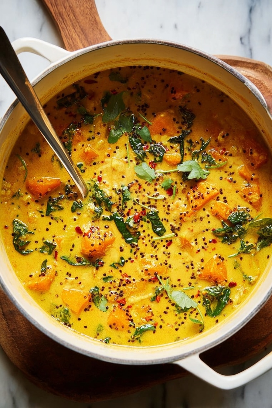 Ginger Sweet Potato and Coconut Milk Stew with Lentils and Kale, hearty plant-based stew, healthy vegan soup, flavorful sweet potato coconut stew, nourishing lentil and kale dish - A white pot filled with a thick yellow curry soup layered with chunks of orange vegetables and green leafy herbs scattered on top, with black mustard seeds and red chili flakes sprinkled throughout. The curry has a creamy texture with visible herbs floating and some oil glistening on the surface. A long silver spoon is placed inside the pot resting with its handle sticking out. The pot sits on a white marbled surface with a wooden board partially underneath. Photo taken with an iphone --ar 2:3 --v 7