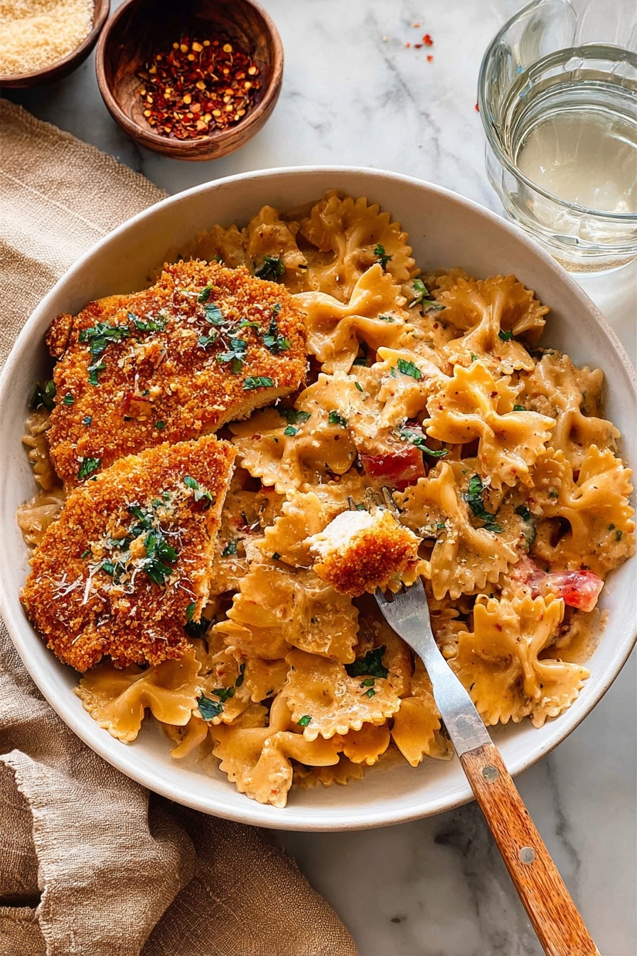 Southern Style Creamy Parmesan Chicken Pasta, Cajun chicken pasta, creamy chicken pasta recipes, easy Southern pasta dish, quick weeknight dinner ideas - A white bowl filled with farfalle pasta coated in a creamy, light orange sauce mixed with small pieces of red tomato and green herbs scattered on top. On one side, there are two crispy breaded chicken pieces with golden brown crust, sprinkled with finely chopped green herbs and tiny bits of white cheese. A fork and a knife with wooden handles rest inside the bowl with a piece of chicken speared on the fork. The bowl is placed on a white marbled surface with a beige cloth nearby, and in the background, there is a small bowl of red chili flakes and a clear glass of water. photo taken with an iphone --ar 2:3 --v 7