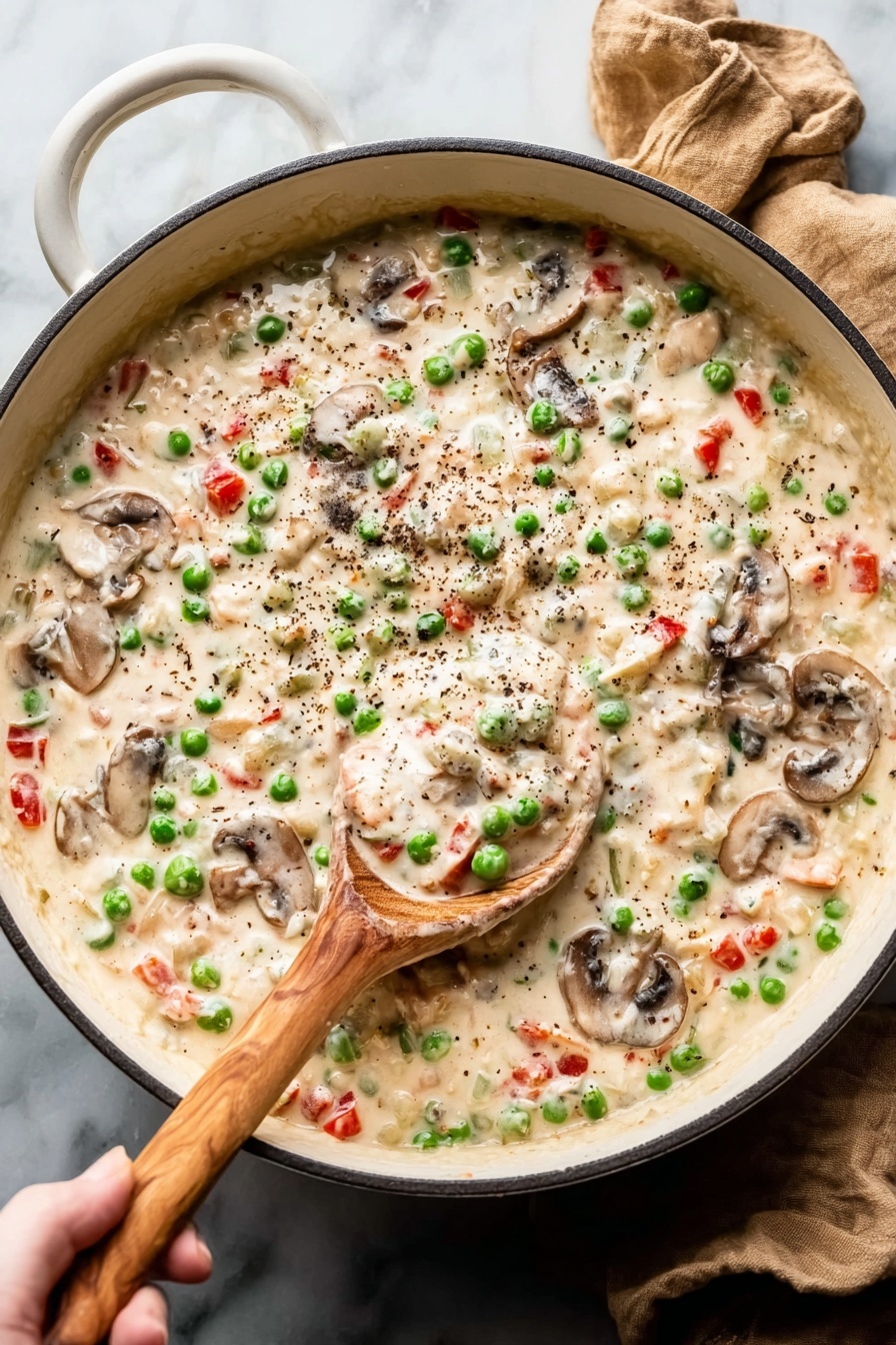 Chicken a la King, Classic Chicken a la King, chicken skillet recipes, creamy chicken dinner, easy chicken recipes - A large white pan filled with a creamy mixture that has three visible layers: the base is a thick white sauce with small green peas scattered evenly, the middle layer is mixed with small pieces of red bell pepper, and the top layer has sliced brown mushrooms and a sprinkle of black pepper. A wooden spoon is scooping some of the creamy mix, and a woman's hand is holding the spoon. The pan is placed on a white marbled surface with a tan cloth nearby. Photo taken with an iphone --ar 2:3 --v 7