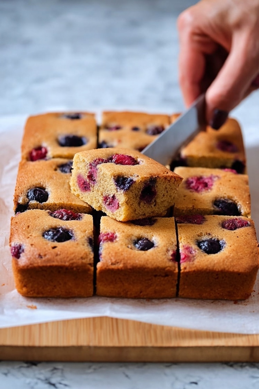Berry Snack Cake Paleo Gluten-Free, Paleo berry cake recipe, gluten-free berry cake, healthy snack cake with berries, grain-free dessert recipes - A square, golden-brown cake with a slightly rough top layer containing blueberries and raspberries scattered evenly inside the cake. The cake is divided into nine equal squares, with a woman's hand holding a knife cutting one piece. The berries add pops of dark blue and red color within the soft, dense texture of the cake. The cake sits on white parchment paper placed on a light wooden board with a white marbled background. Photo taken with an iphone --ar 2:3 --v 7