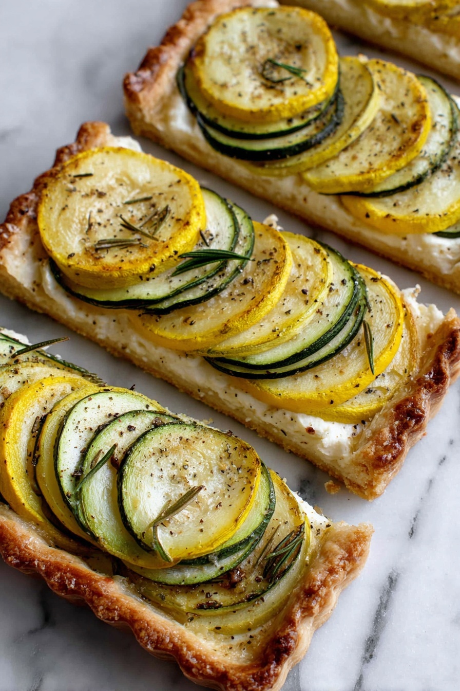 Zucchini and Yellow Squash Tart with Balsamic Drizzle, summer vegetable tart, easy zucchini tart, healthy squash tart, savory vegetable tart - The image shows three long rectangular tart slices on a white marbled surface. Each tart has a golden-brown, crisp pastry crust base with a light cream-colored layer on top. On this creamy layer, there are overlapping thin round slices of green zucchini and yellow squash, alternating in color. The vegetable slices have slightly browned spots and are seasoned with black pepper and small rosemary leaves scattered on top. The edges of the pastry are raised and have a toasted texture, giving a crunchy look. photo taken with an iphone --ar 2:3 --v 7