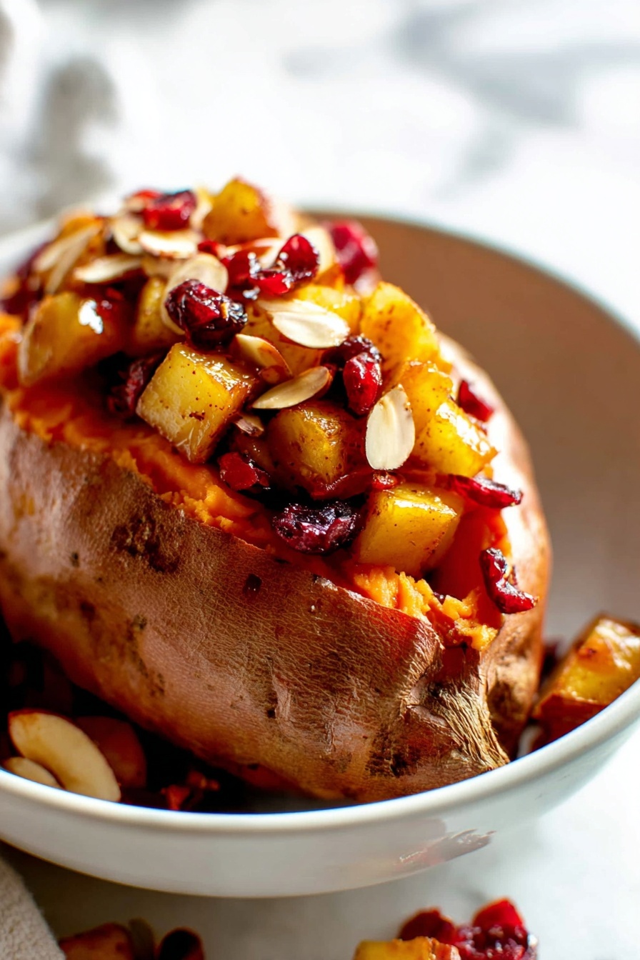 Cranberry Apple Twice-Baked Sweet Potatoes, festive sweet potato side dish, holiday sweet potato recipes, baked sweet potato with cranberries and apples, seasonal holiday side dish - A baked sweet potato is placed in a white bowl on a white marbled surface, filled with small, caramelized golden apple pieces mixed with dark red dried cranberries and thin light brown almond slices. The sweet potato skin is rough and brownish-orange, and the soft, bright orange inside is visible under the fruit topping. Extra apple and cranberry pieces are scattered around the potato inside the bowl. The lighting highlights the glossy texture of the apples and the soft texture of the sweet potato, creating a warm, inviting look. photo taken with an iphone --ar 2:3 --v 7