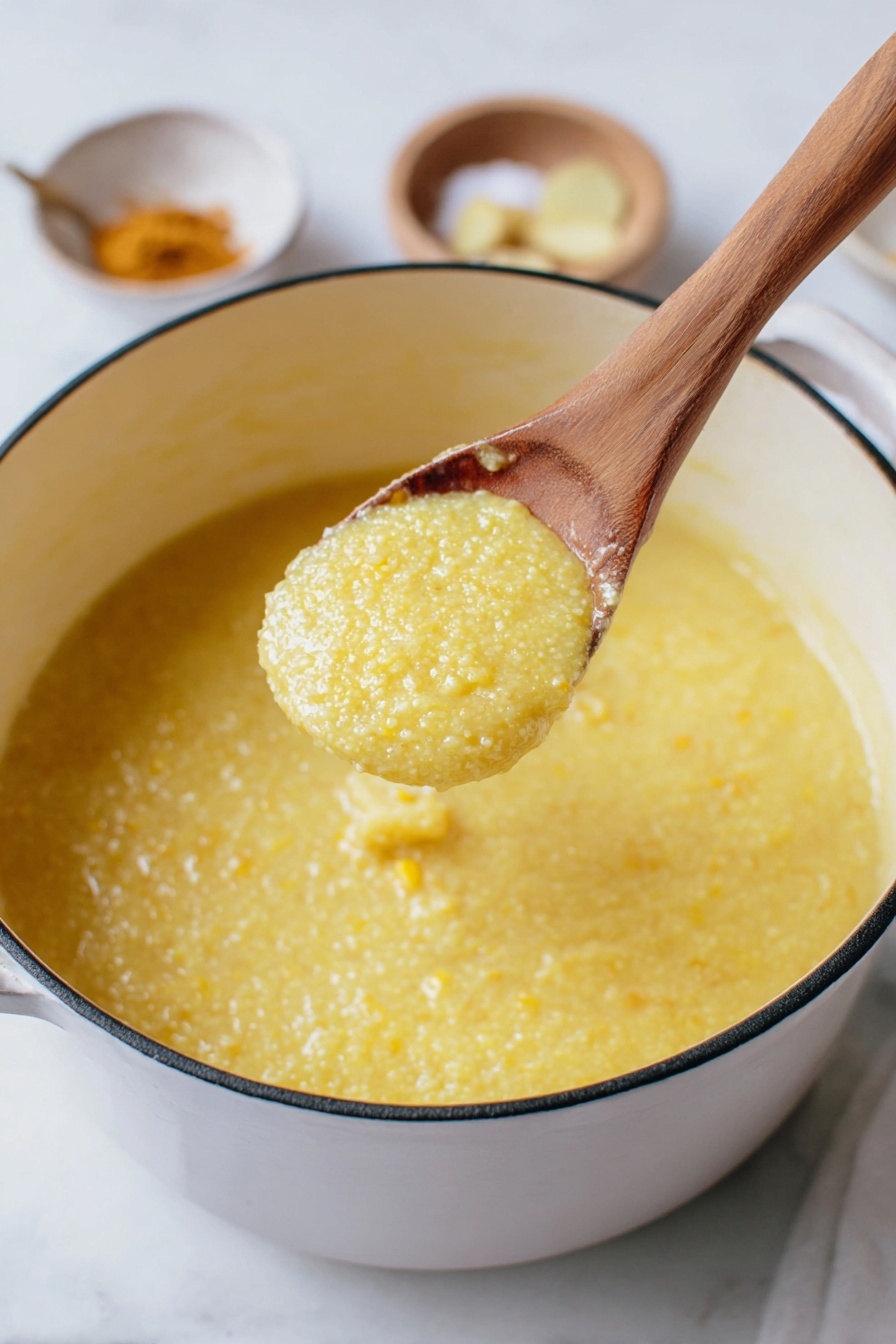 Creamy Parmesan Polenta with Rosemary, Polenta with Parmesan and Rosemary, Creamy polenta side dish, comforting vegetable side, easy savory polenta - A close-up view of a creamy yellow polenta served in a white speckled bowl, with a single green rosemary sprig garnish on top; the polenta looks smooth but with some texture and small lumps, with a slight shine from melted butter or oil. A gold spoon is lifting a spoonful of the thick polenta, showing its grainy, soft texture. The bowl rests on a white marbled surface, with a piece of light yellow cheese block and some green herbs nearby. Photo taken with an iphone --ar 2:3 --v 7