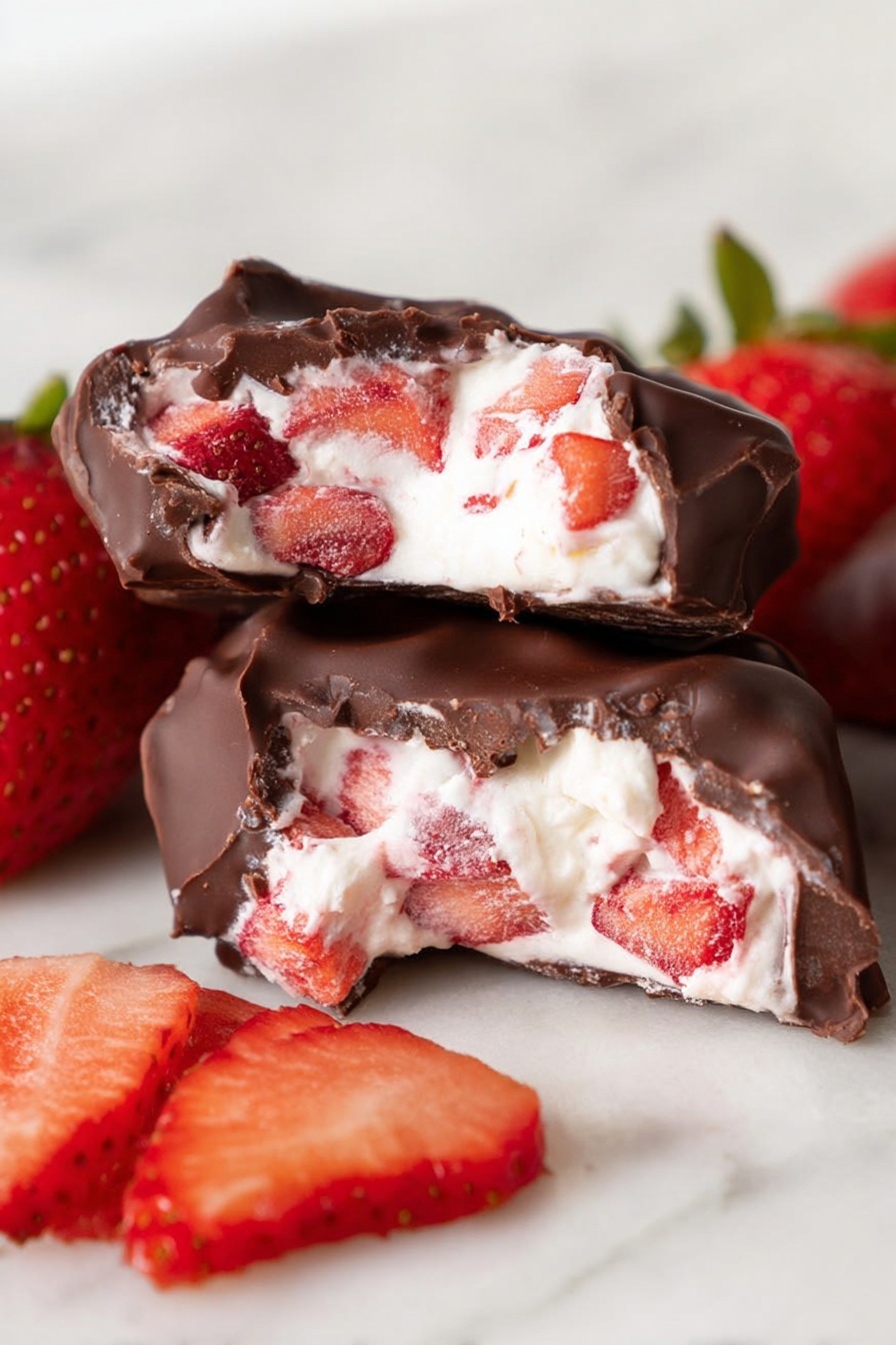 Chocolate Strawberry Yogurt Clusters, healthy strawberry yogurt bites, quick chocolate yogurt snacks, easy fruit and chocolate treats, no-bake yogurt dessert - The image shows a white plate with five dark brown chocolate-covered treats that have a rough, bumpy surface. One of the treats is cut open, revealing three layers: a dark chocolate outer shell, a middle layer of white cream with visible red strawberry pieces, and some red strawberry bits inside the cream. Around the treats are fresh strawberry halves and small strawberry pieces adding a bright red color contrast. The plate is placed on a white marbled surface and the overall look is fresh, colorful, and inviting. Photo taken with an iphone --ar 2:3 --v 7