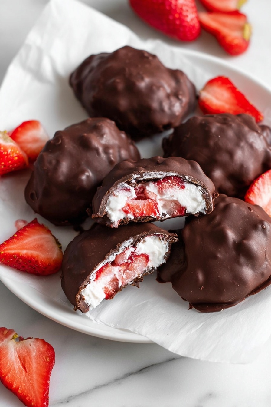 Chocolate Strawberry Yogurt Clusters, healthy strawberry yogurt bites, quick chocolate yogurt snacks, easy fruit and chocolate treats, no-bake yogurt dessert - The image shows a close-up of two chocolate-covered treats, with one cut in half to reveal the inside layers. The outer layer is dark brown chocolate, smooth but slightly uneven in texture, fully coating the treat. Inside, there is a thick white creamy layer mixed with chunks of bright red strawberries scattered throughout, giving a fresh, fruity look. The strawberries’ red contrast vividly with the white cream and dark chocolate. Around the base, some sliced strawberries add extra color and freshness to the scene. All items rest on a white marbled surface, enhancing the colors of the treat. Photo taken with an iphone --ar 2:3 --v 7